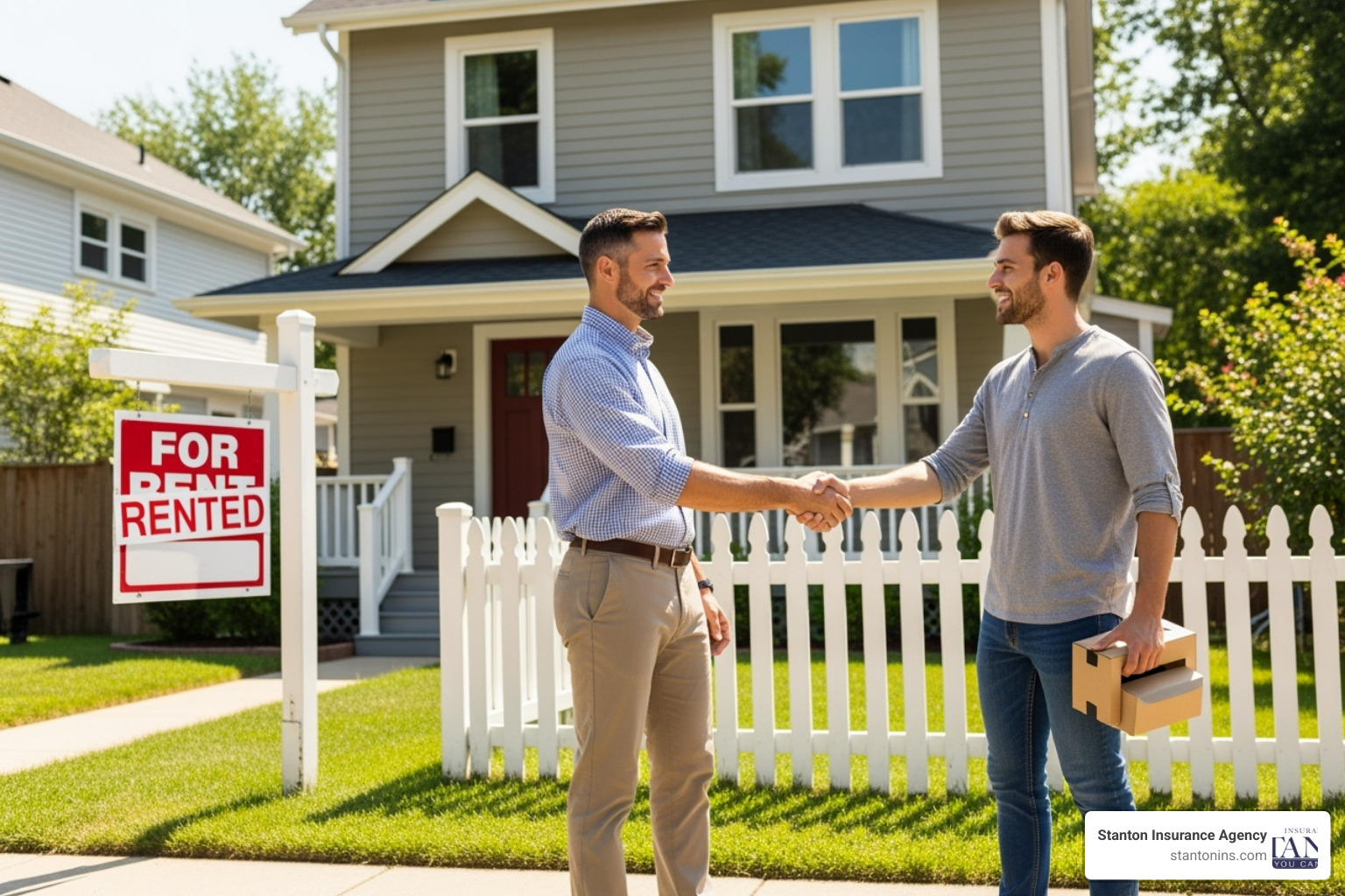 A landlord shaking hands with a new tenant in front of a rental property - Insurance for Landlords