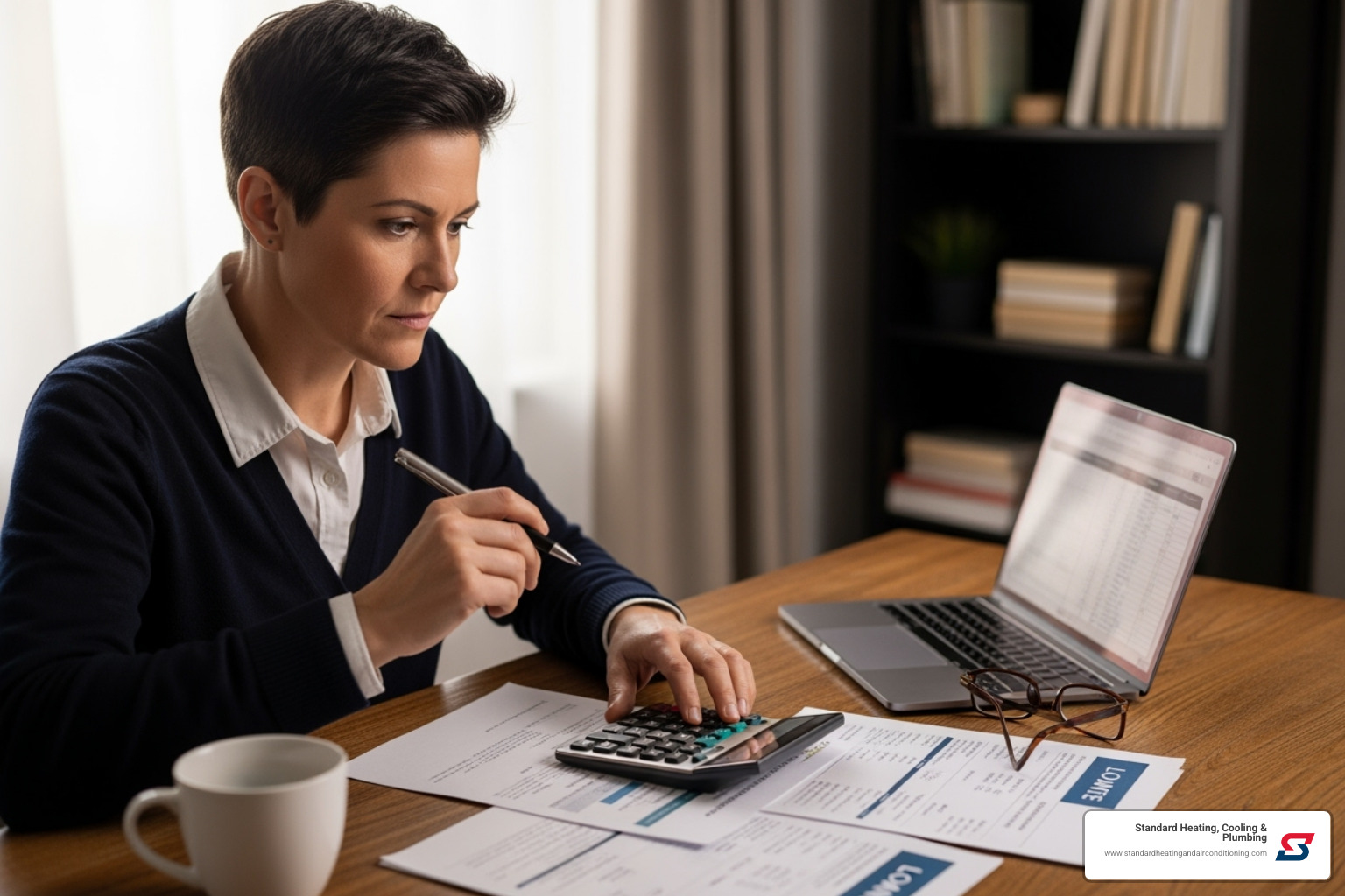 person comparing financing offers with a calculator - New AC financing