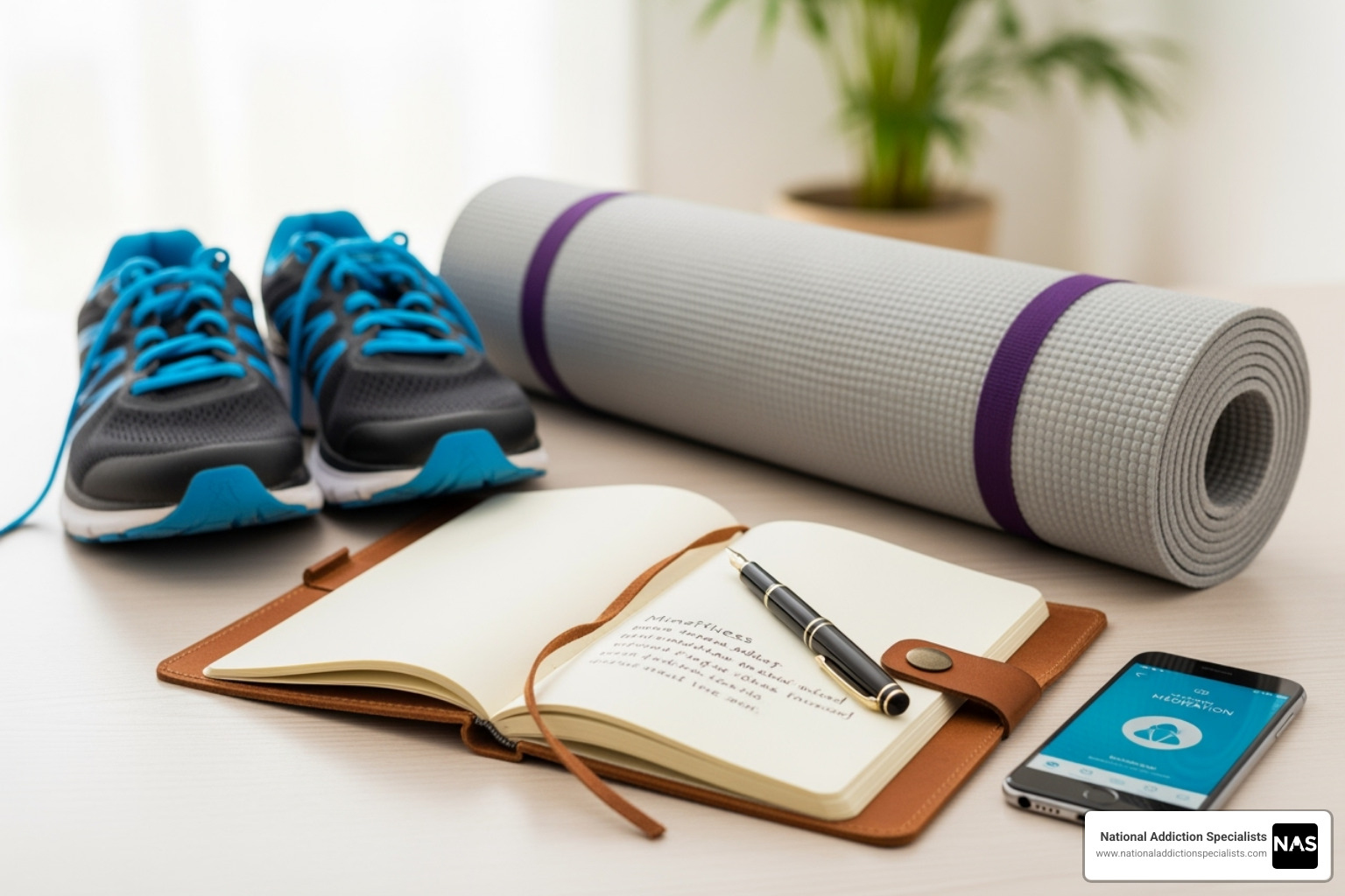 A toolkit with items representing coping strategies like a journal, running shoes, phone, and yoga mat - Opioid relapse prevention A toolkit with items representing coping strategies like a journal, running shoes, phone, and yoga mat - Opioid relapse prevention