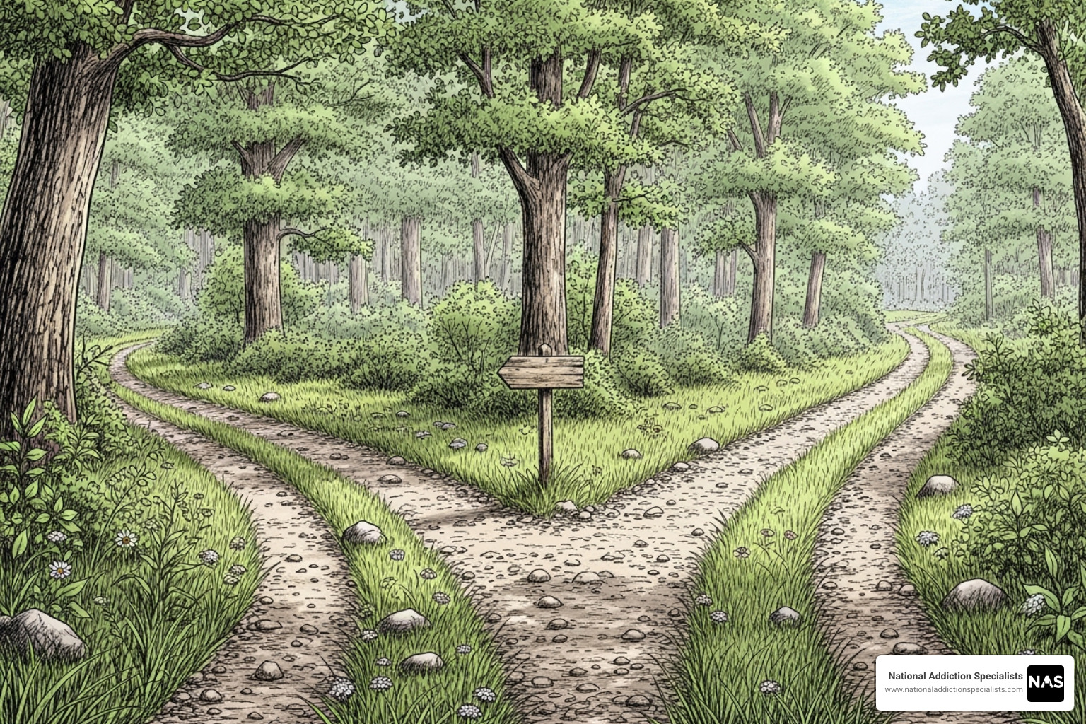 illustration of a fork in the road, labeled "Lapse" and "Relapse", symbolizing a choice point in recovery - Opioid relapse prevention illustration of a fork in the road, labeled "Lapse" and "Relapse", symbolizing a choice point in recovery - Opioid relapse prevention