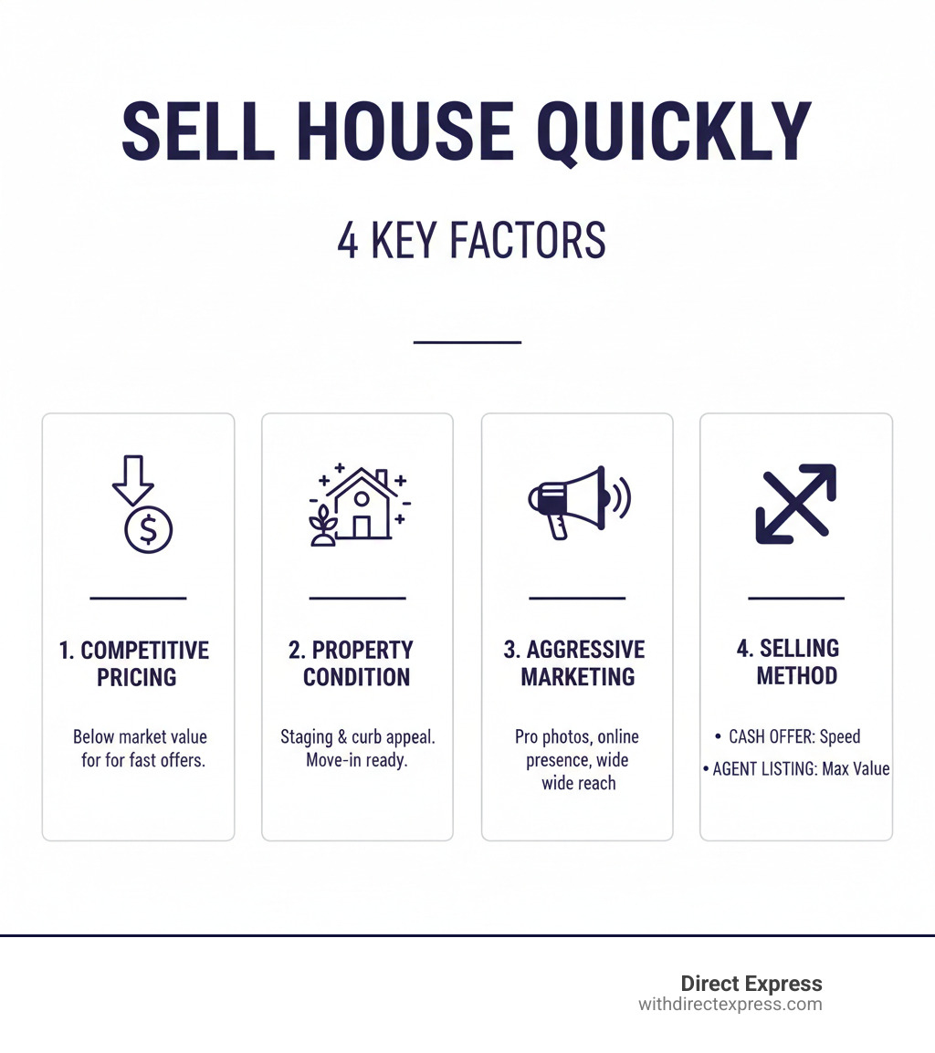 Infographic showing the four key factors for selling a house quickly: competitive pricing below market value, excellent property condition with staging and curb appeal, aggressive marketing with professional photos and online presence, and choosing the right selling method between cash offers for speed or agent listings for maximum value - Sell house quickly infographic 
