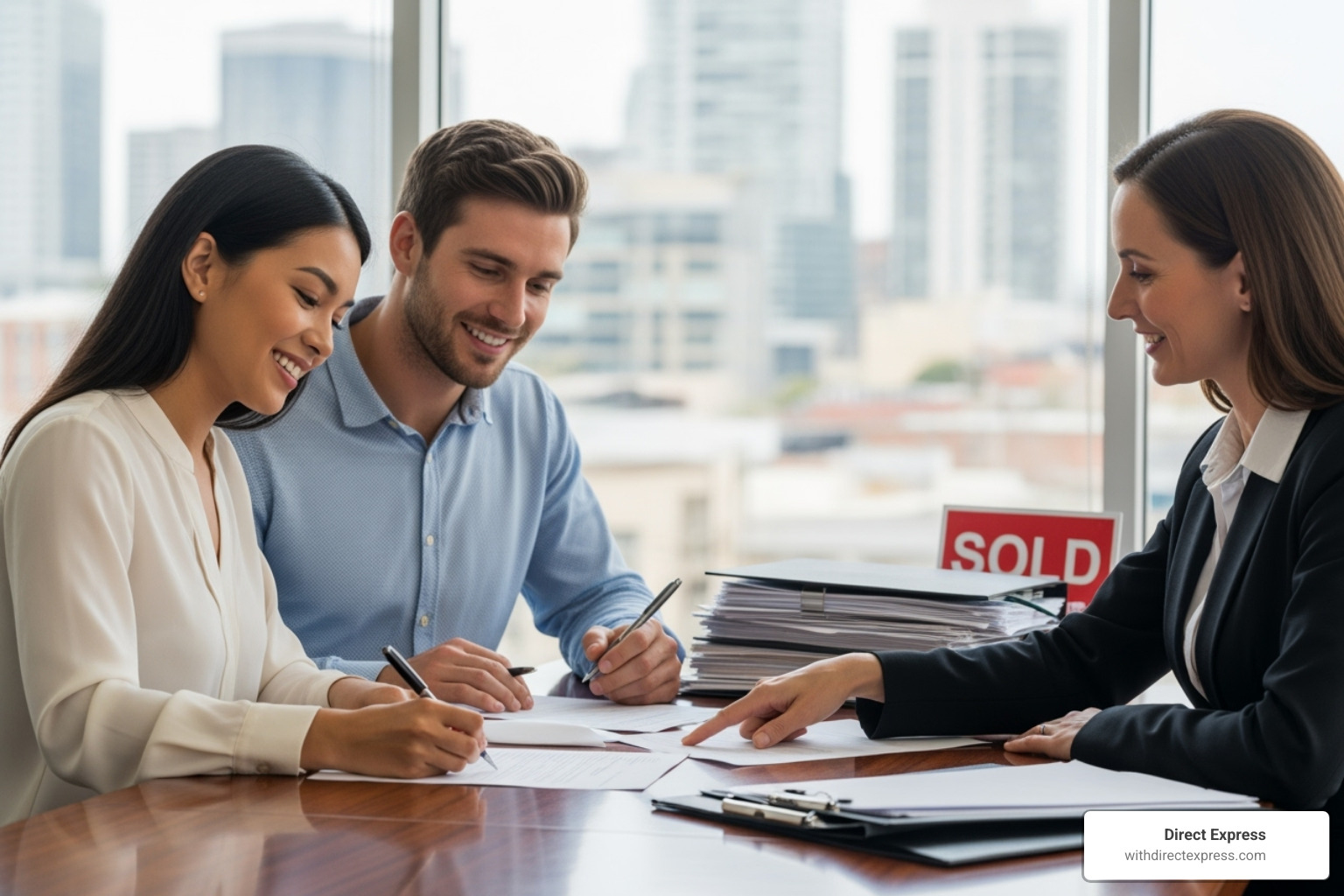of a happy couple signing closing documents with their agent - Sell house quickly