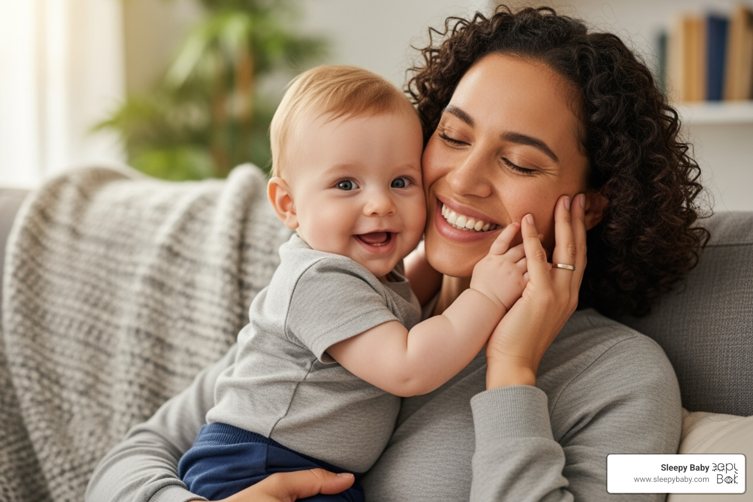 smiling well-rested parent holding happy baby - best sleeping aid with remote for baby crib