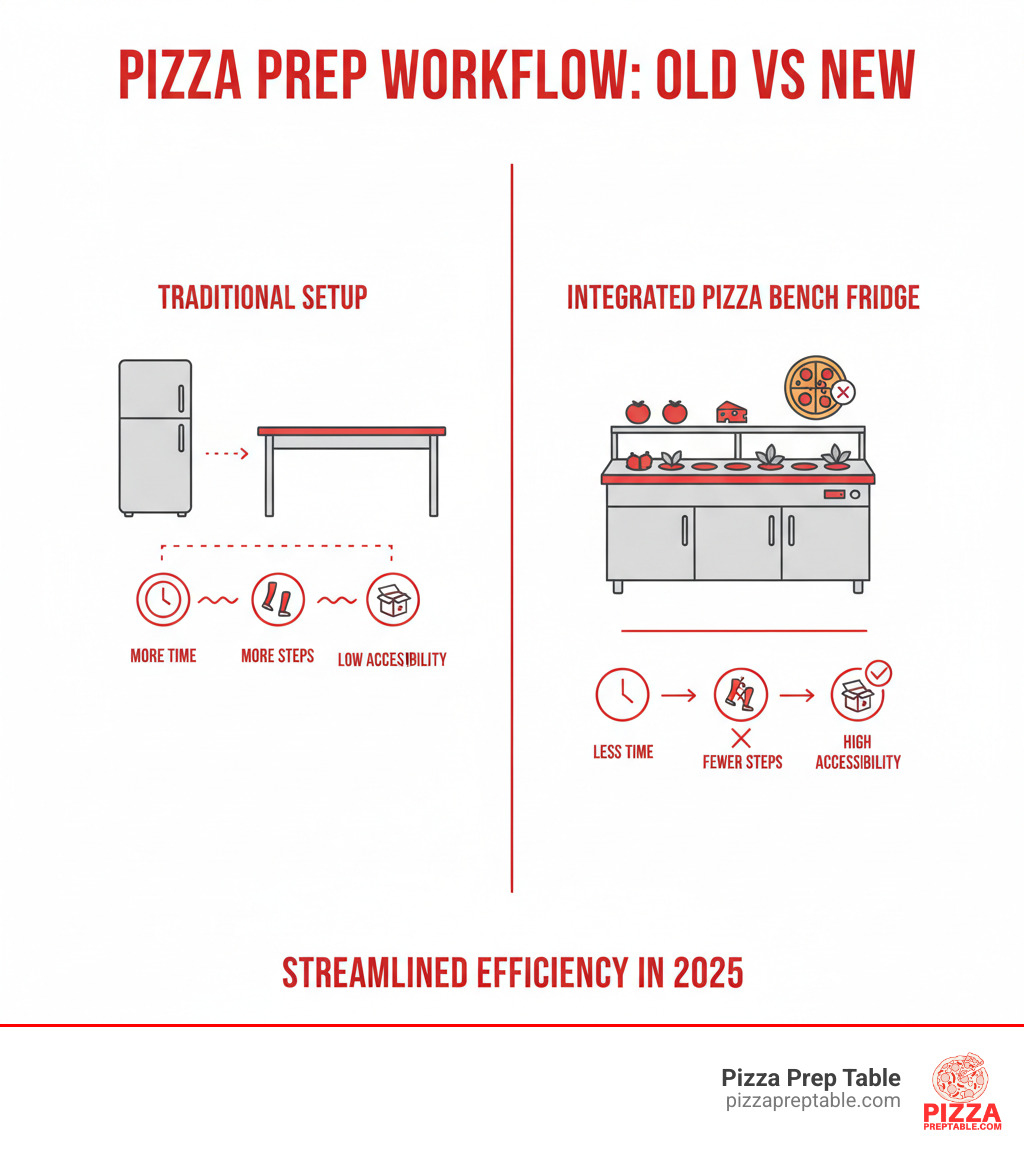 Infographic showing pizza preparation workflow comparison: traditional setup with separate refrigerator and prep table versus integrated pizza bench fridge setup, highlighting time savings, reduced steps, and improved ingredient accessibility - pizza bench fridge infographic 