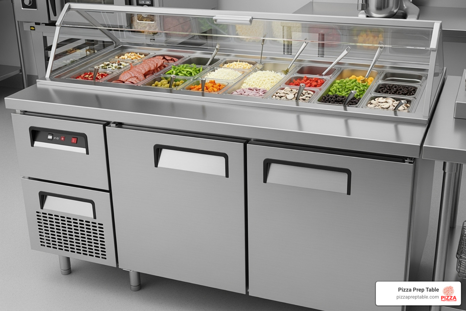 a pizza prep fridge with a combination of doors and drawers - pizza bench fridge