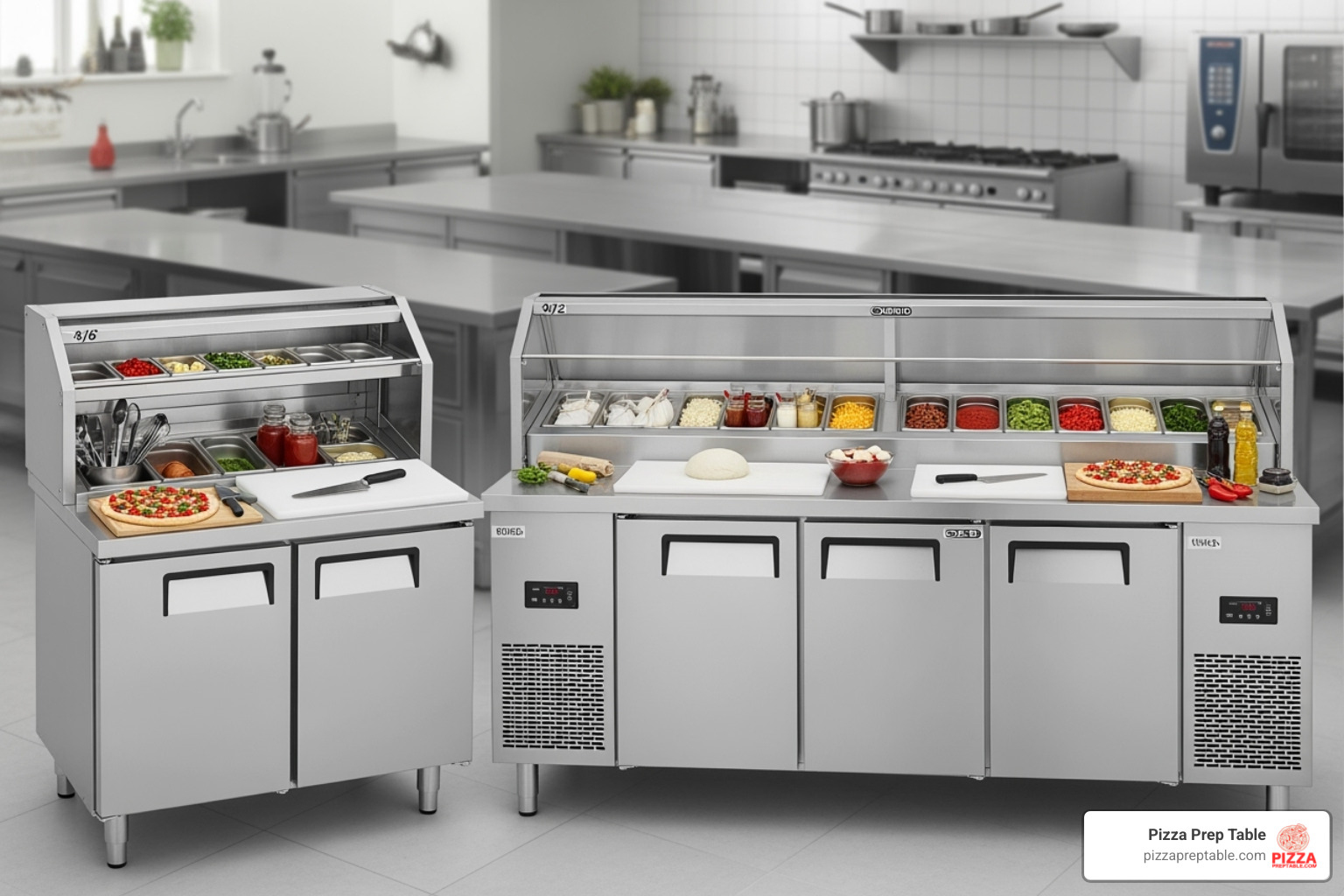three different pizza prep fridges side-by-side, showing various sizes and configurations - pizza bench fridge
