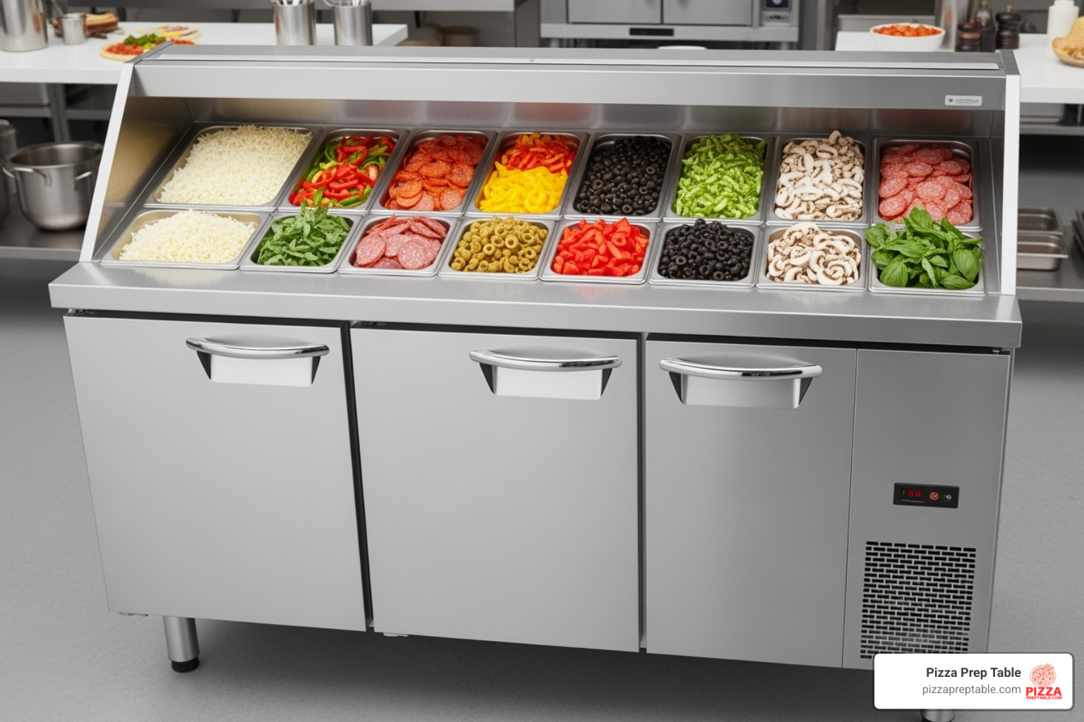 a large 3-door pizza prep fridge - pizza bench fridge