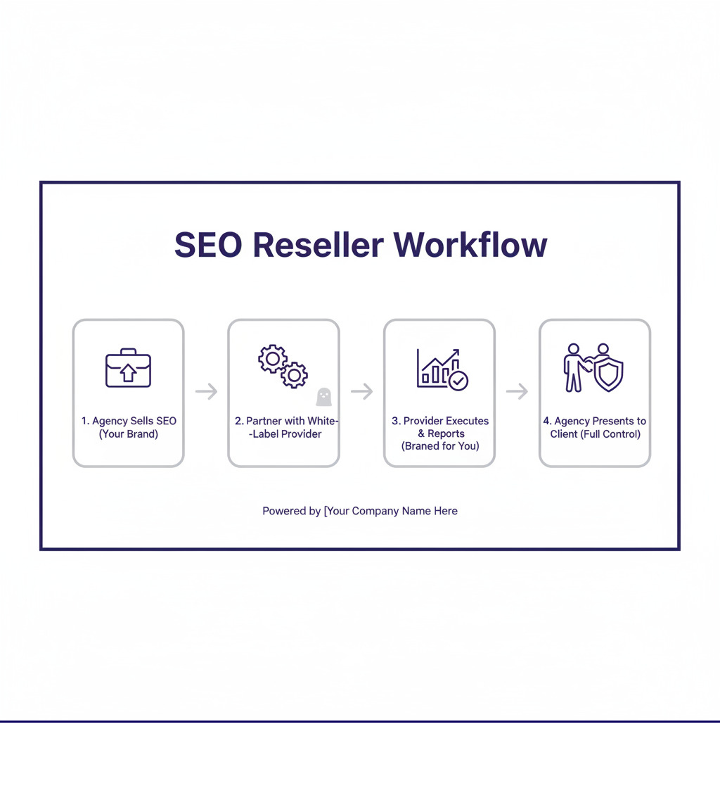 Infographic showing SEO reseller workflow: Agency sells SEO services to client under their brand, partners with white-label SEO provider for execution, provider delivers results and reports branded for agency, agency presents results to client maintaining full relationship control - seo reseller services infographic 