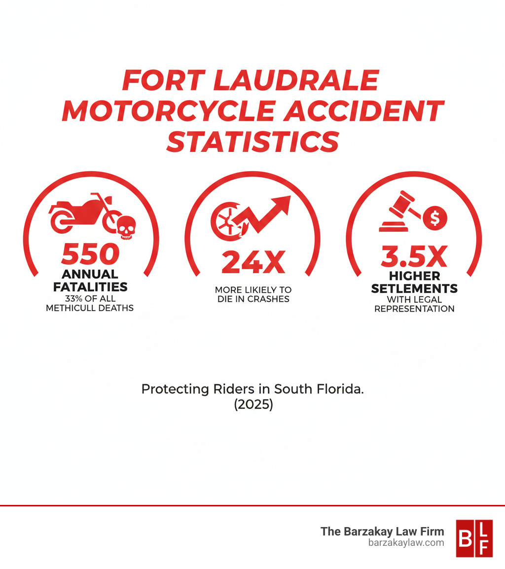 Infographic showing Fort Lauderdale motorcycle accident statistics including 550 annual fatalities representing 33% of all motor vehicle deaths, motorcyclists being 24 times more likely to die in crashes, and settlements being 3.5 times higher with legal representation - fort lauderdale motorcycle accident attorney reputation infographic 
