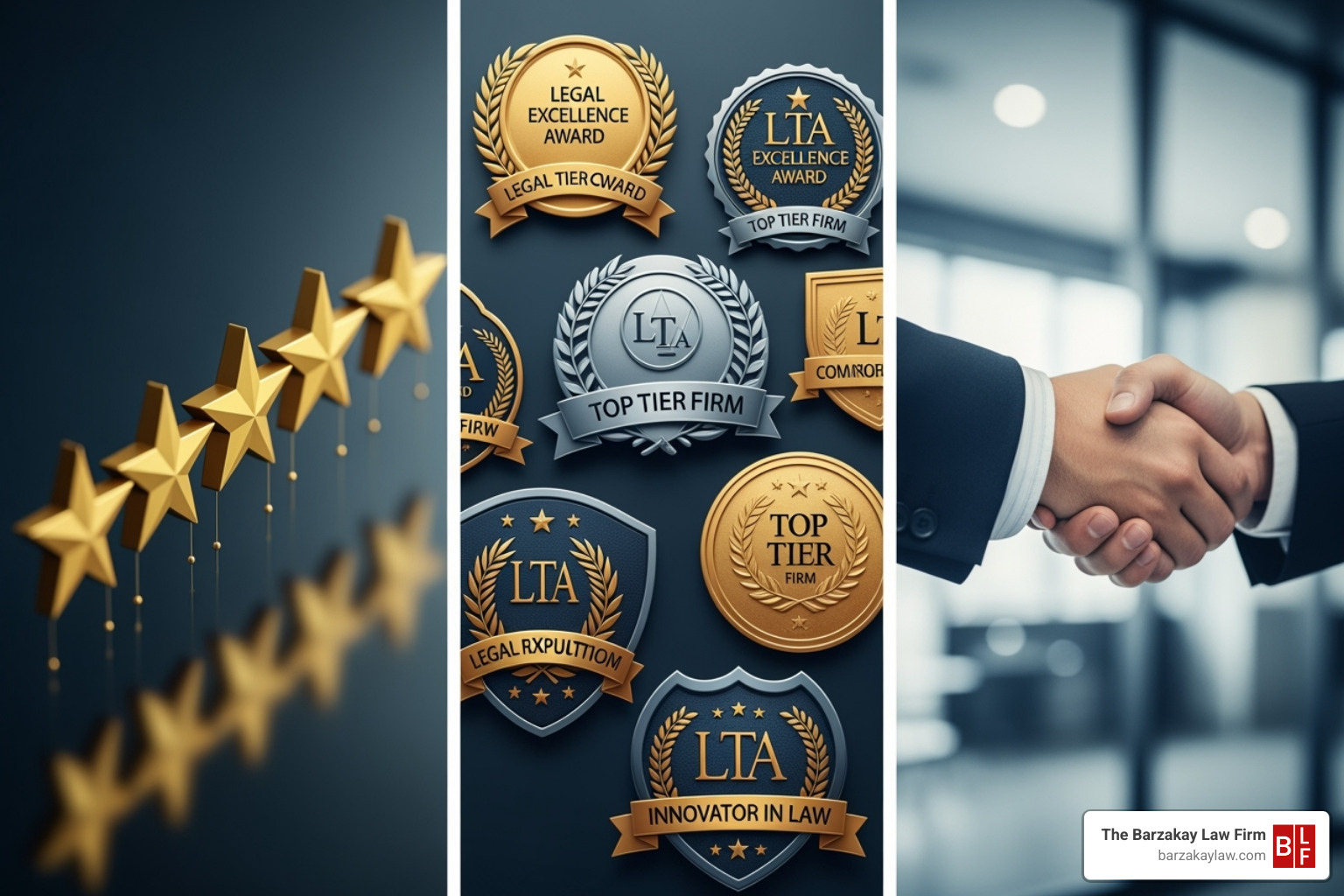 Collage showing client review stars, legal award badges, and a handshake - fort lauderdale motorcycle accident attorney reputation