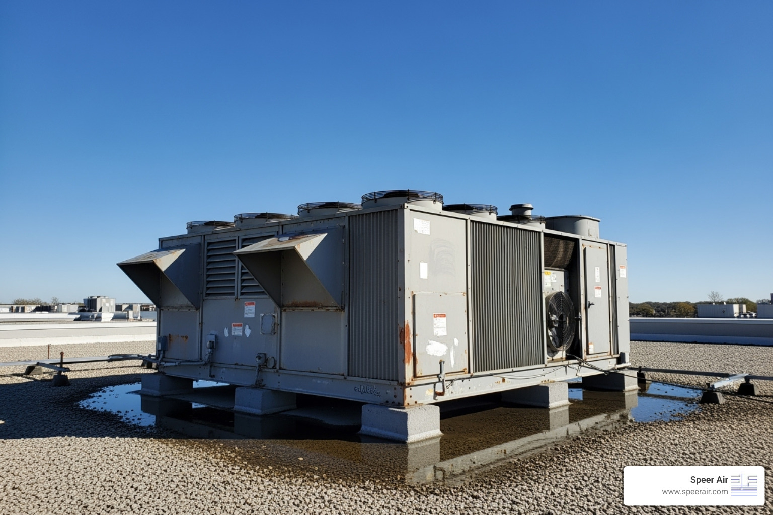 A large commercial rooftop HVAC unit on the flat roof of a building, with a clear blue sky in the background - commercial hvac rockaway nj A large commercial rooftop HVAC unit on the flat roof of a building, with a clear blue sky in the background - commercial hvac rockaway nj