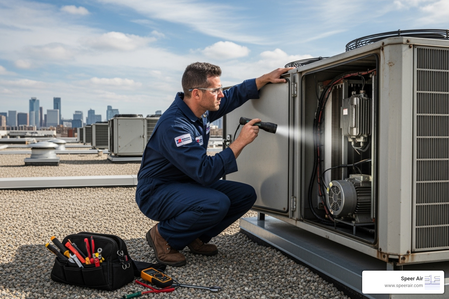 A professional HVAC technician is performing routine maintenance on a commercial HVAC unit, checking components with a flashlight - commercial hvac rockaway nj A professional HVAC technician is performing routine maintenance on a commercial HVAC unit, checking components with a flashlight - commercial hvac rockaway nj