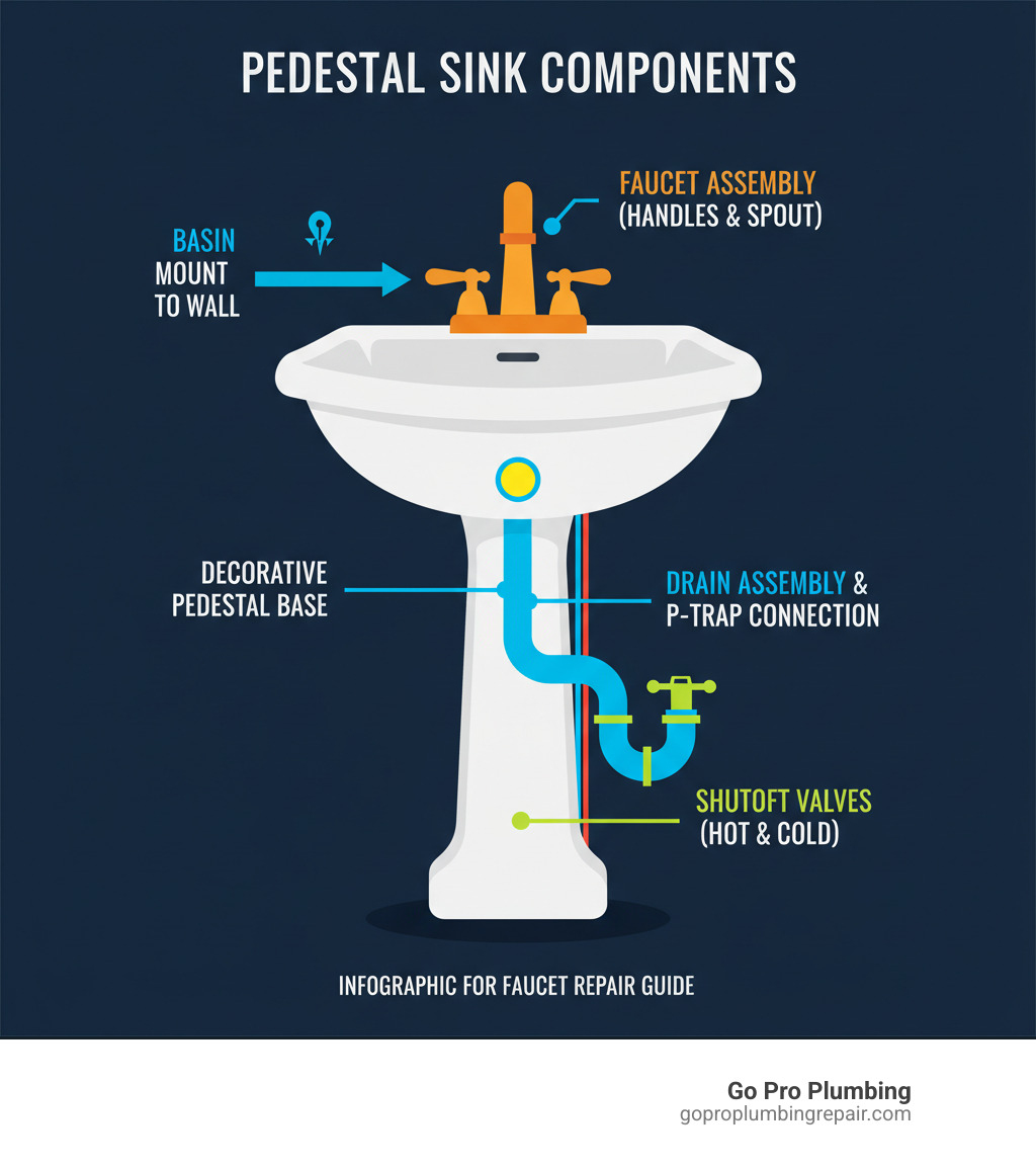 Detailed infographic showing pedestal sink components including basin mounted to wall, decorative pedestal base, faucet assembly with handles and spout, drain assembly with pop-up stopper, P-trap connection, and shutoff valves, with labels and arrows indicating each part - pedestal sink faucet repair infographic 