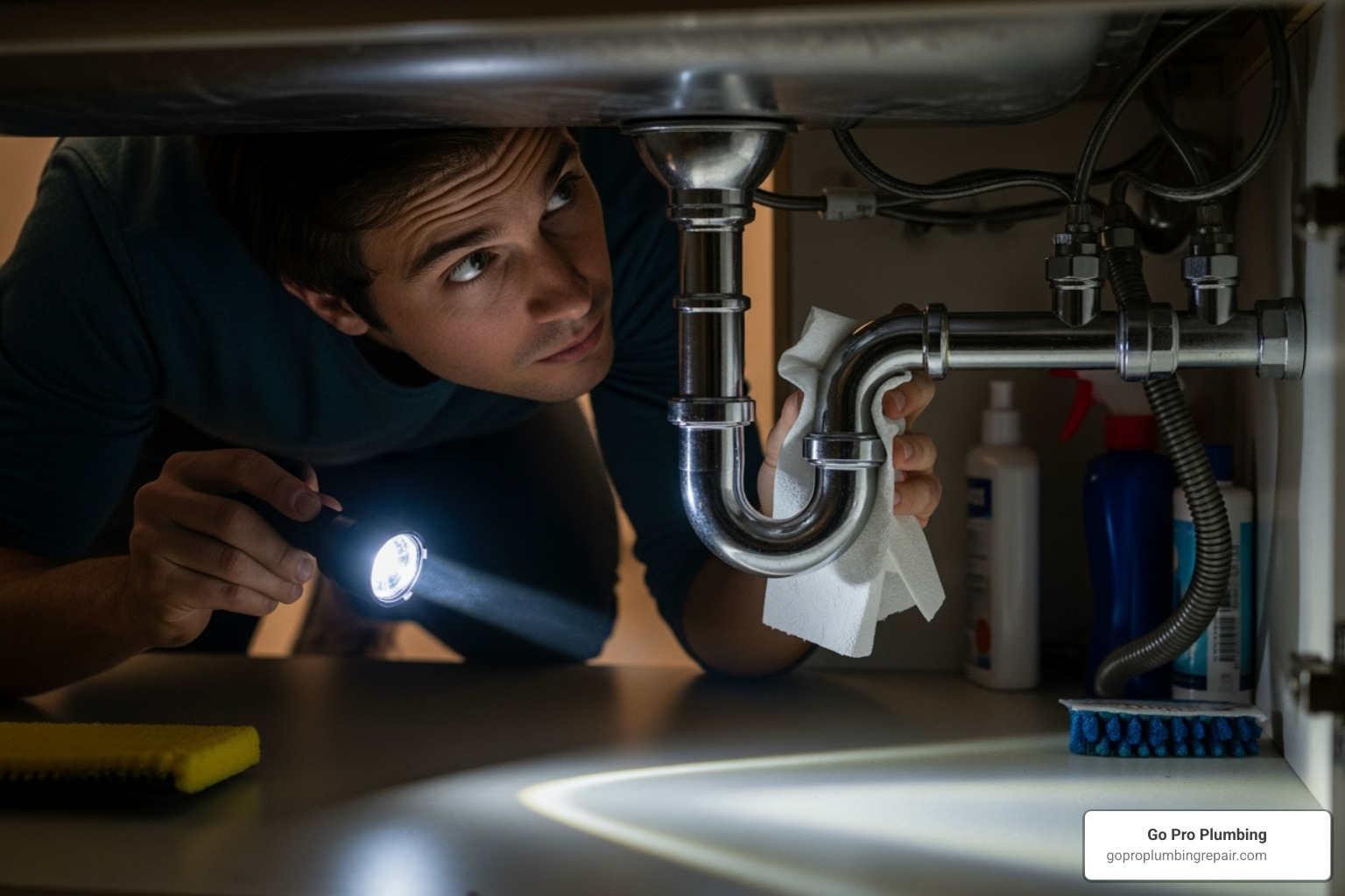 Person checking for leaks under a sink with a flashlight and a dry paper towel - pedestal sink faucet repair