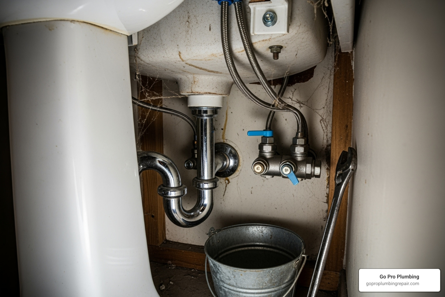 Cramped space behind a pedestal sink before starting work - pedestal sink faucet repair