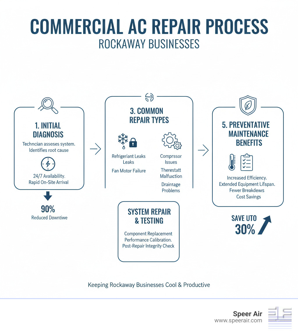 Infographic showing the commercial AC repair process from initial diagnosis through system testing, including emergency response times, common repair types like refrigerant leaks and compressor issues, and preventative maintenance benefits for Rockaway businesses - commercial ac repair rockaway infographic Infographic showing the commercial AC repair process from initial diagnosis through system testing, including emergency response times, common repair types like refrigerant leaks and compressor issues, and preventative maintenance benefits for Rockaway businesses - commercial ac repair rockaway infographic