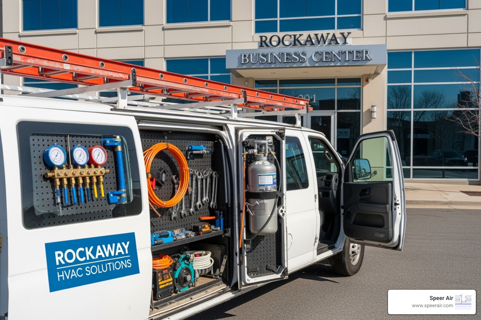 service van with HVAC tools visible, parked in front of a Rockaway business - commercial ac repair rockaway service van with HVAC tools visible, parked in front of a Rockaway business - commercial ac repair rockaway