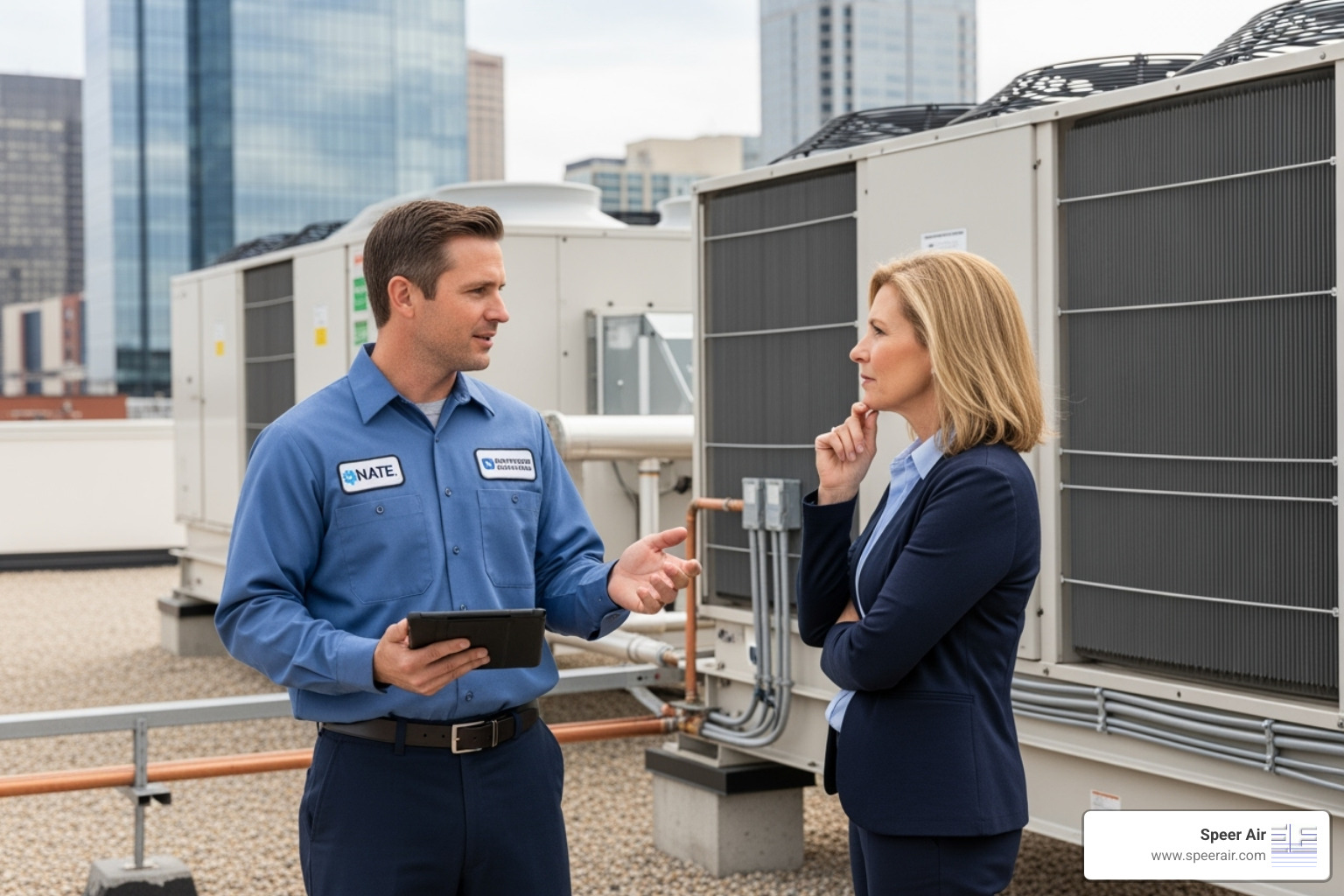 NATE-certified technician explaining a repair to a business owner - commercial ac repair rockaway NATE-certified technician explaining a repair to a business owner - commercial ac repair rockaway