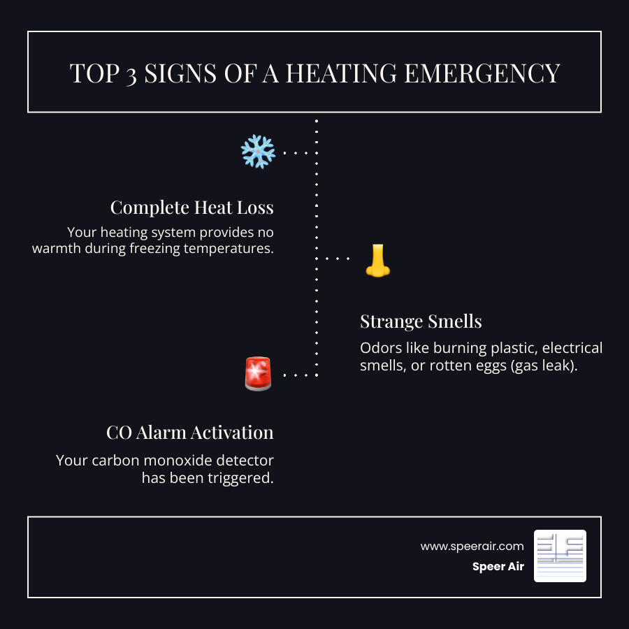 Infographic showing the top 3 signs of a heating emergency: complete loss of heat during freezing weather, strange burning smells or gas odors from heating equipment, and carbon monoxide detector activation - emergency heating service northern nj infographic infographic-line-3-steps-dark Infographic showing the top 3 signs of a heating emergency: complete loss of heat during freezing weather, strange burning smells or gas odors from heating equipment, and carbon monoxide detector activation - emergency heating service northern nj infographic infographic-line-3-steps-dark