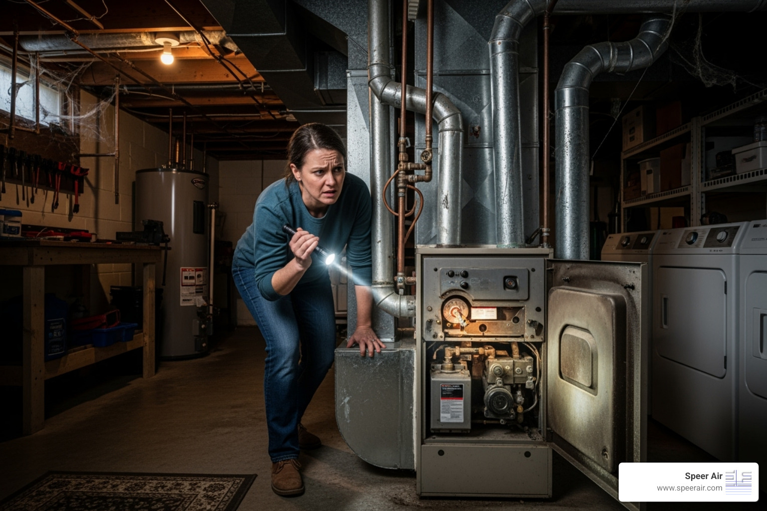 a homeowner looking concerned at their furnace - emergency heating service northern nj a homeowner looking concerned at their furnace - emergency heating service northern nj