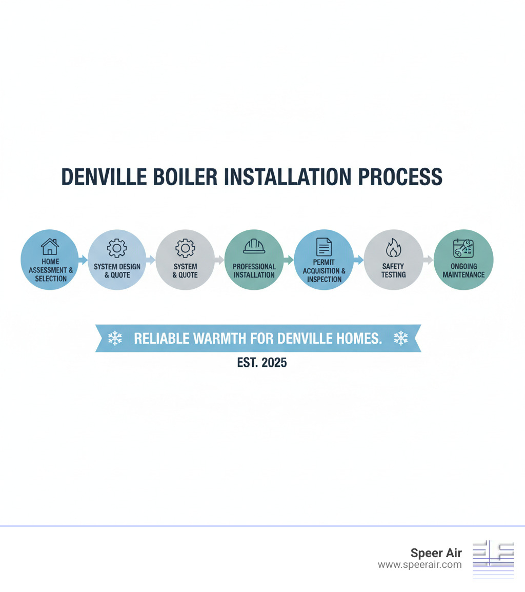 Comprehensive infographic showing the boiler installation process from initial home assessment and system selection through professional installation, permit acquisition, safety testing, and ongoing maintenance requirements for Denville homeowners - boiler installation service denville infographic Comprehensive infographic showing the boiler installation process from initial home assessment and system selection through professional installation, permit acquisition, safety testing, and ongoing maintenance requirements for Denville homeowners - boiler installation service denville infographic