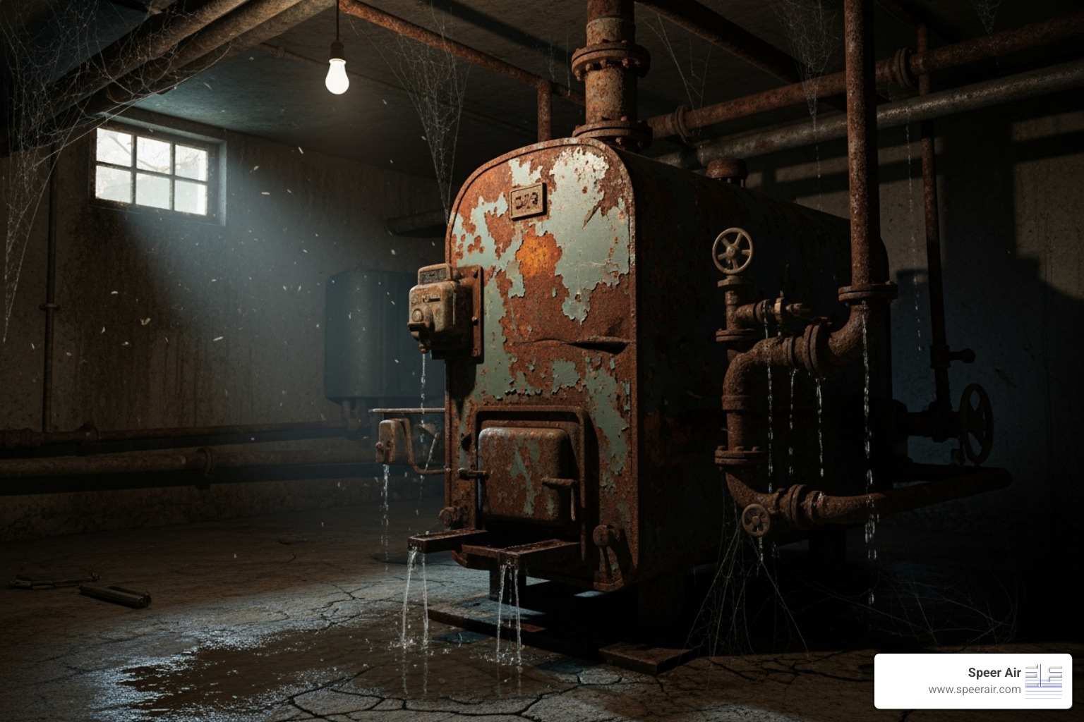 Old, leaking boiler in a dimly lit basement, indicating significant wear and tear - boiler installation service denville Old, leaking boiler in a dimly lit basement, indicating significant wear and tear - boiler installation service denville