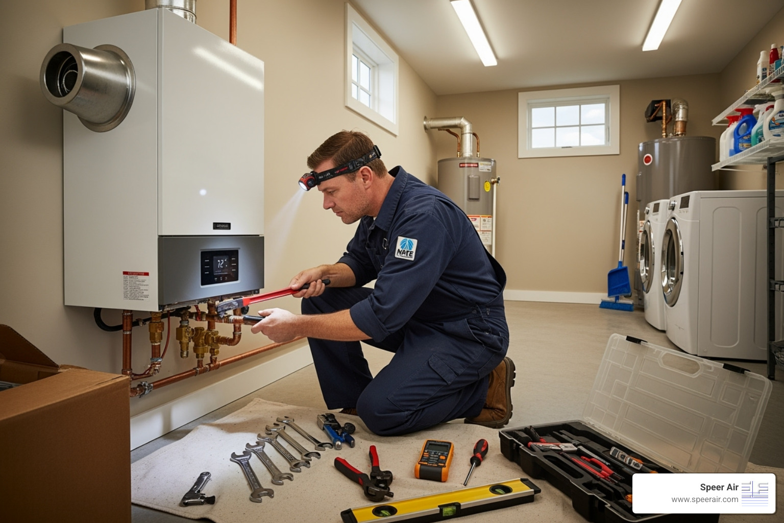 NATE-certified technician carefully installing a new, high-efficiency boiler in a well-lit utility room - boiler installation service denville NATE-certified technician carefully installing a new, high-efficiency boiler in a well-lit utility room - boiler installation service denville