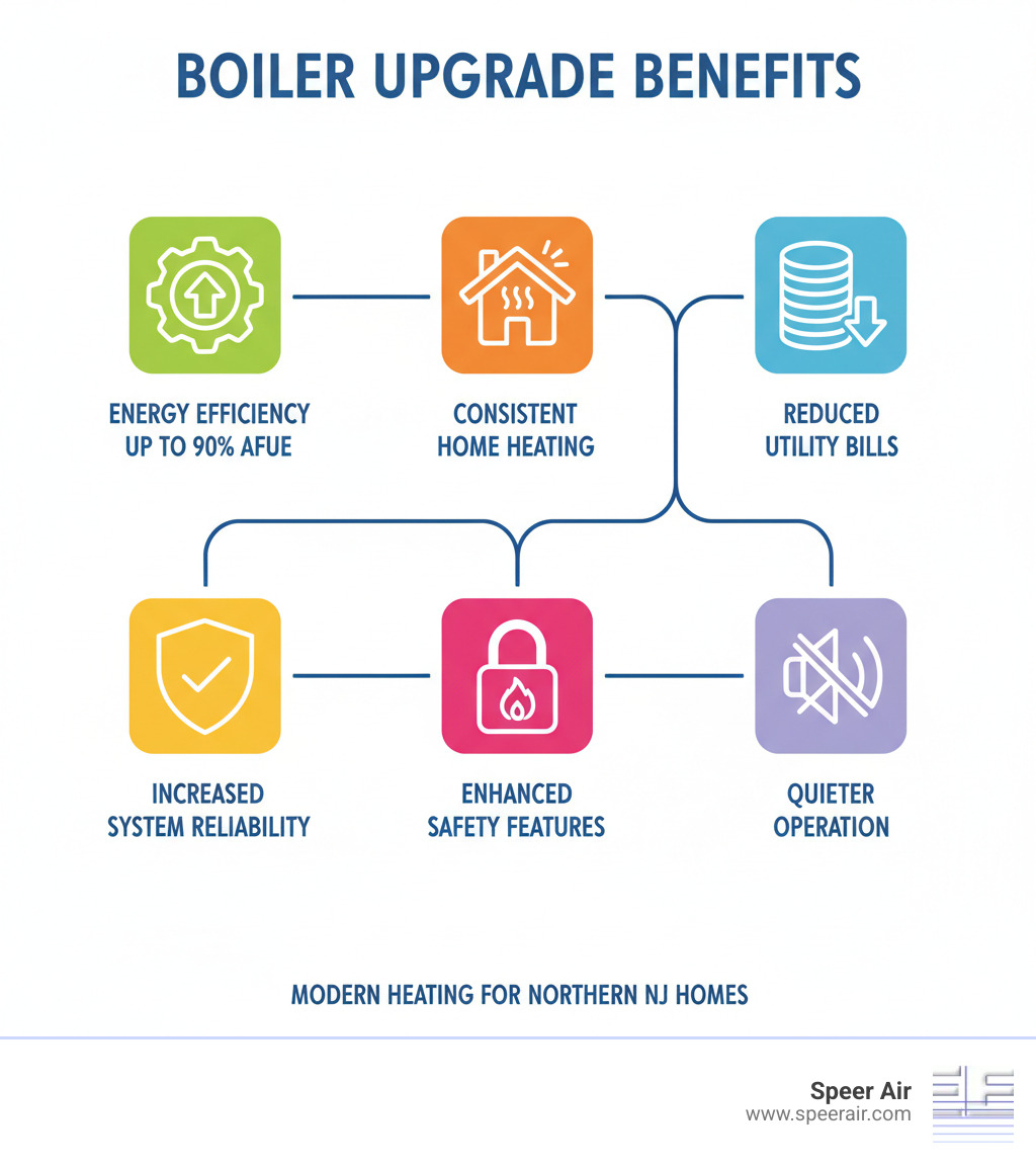 Comprehensive guide to boiler installation benefits including improved energy efficiency up to 90% AFUE, consistent home heating, reduced utility bills, increased system reliability, improved safety features, and quieter operation compared to older heating systems - boiler installation northern nj infographic Comprehensive guide to boiler installation benefits including improved energy efficiency up to 90% AFUE, consistent home heating, reduced utility bills, increased system reliability, improved safety features, and quieter operation compared to older heating systems - boiler installation northern nj infographic