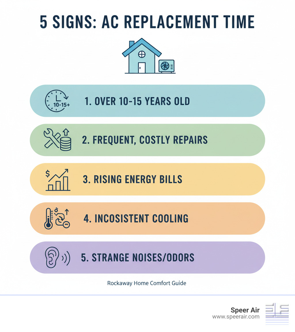 Infographic showing the top 5 signs it's time for AC replacement: AC unit over 10-15 years old, frequent costly repairs, rising energy bills, inconsistent cooling throughout home, and strange noises or odors from the system - ac replacement rockaway infographic Infographic showing the top 5 signs it's time for AC replacement: AC unit over 10-15 years old, frequent costly repairs, rising energy bills, inconsistent cooling throughout home, and strange noises or odors from the system - ac replacement rockaway infographic