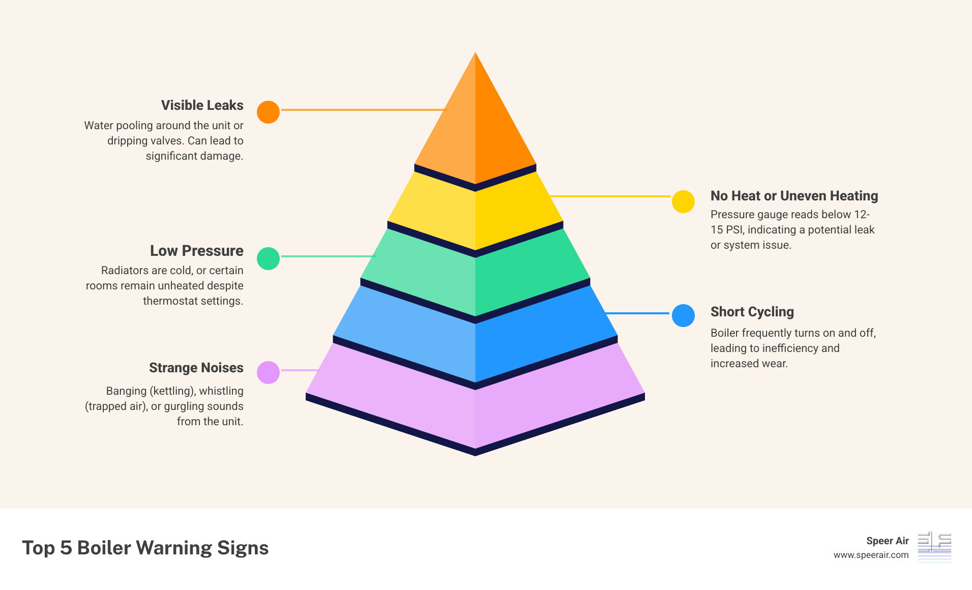 Infographic showing the top 5 warning signs a boiler needs repair: 1) Strange noises like banging or whistling, 2) No heat coming from radiators, 3) Visible water leaks around the unit, 4) Pressure gauge reading below normal range, 5) Boiler frequently turning on and off - boiler repair northern nj infographic pyramid-hierarchy-5-steps Infographic showing the top 5 warning signs a boiler needs repair: 1) Strange noises like banging or whistling, 2) No heat coming from radiators, 3) Visible water leaks around the unit, 4) Pressure gauge reading below normal range, 5) Boiler frequently turning on and off - boiler repair northern nj infographic pyramid-hierarchy-5-steps
