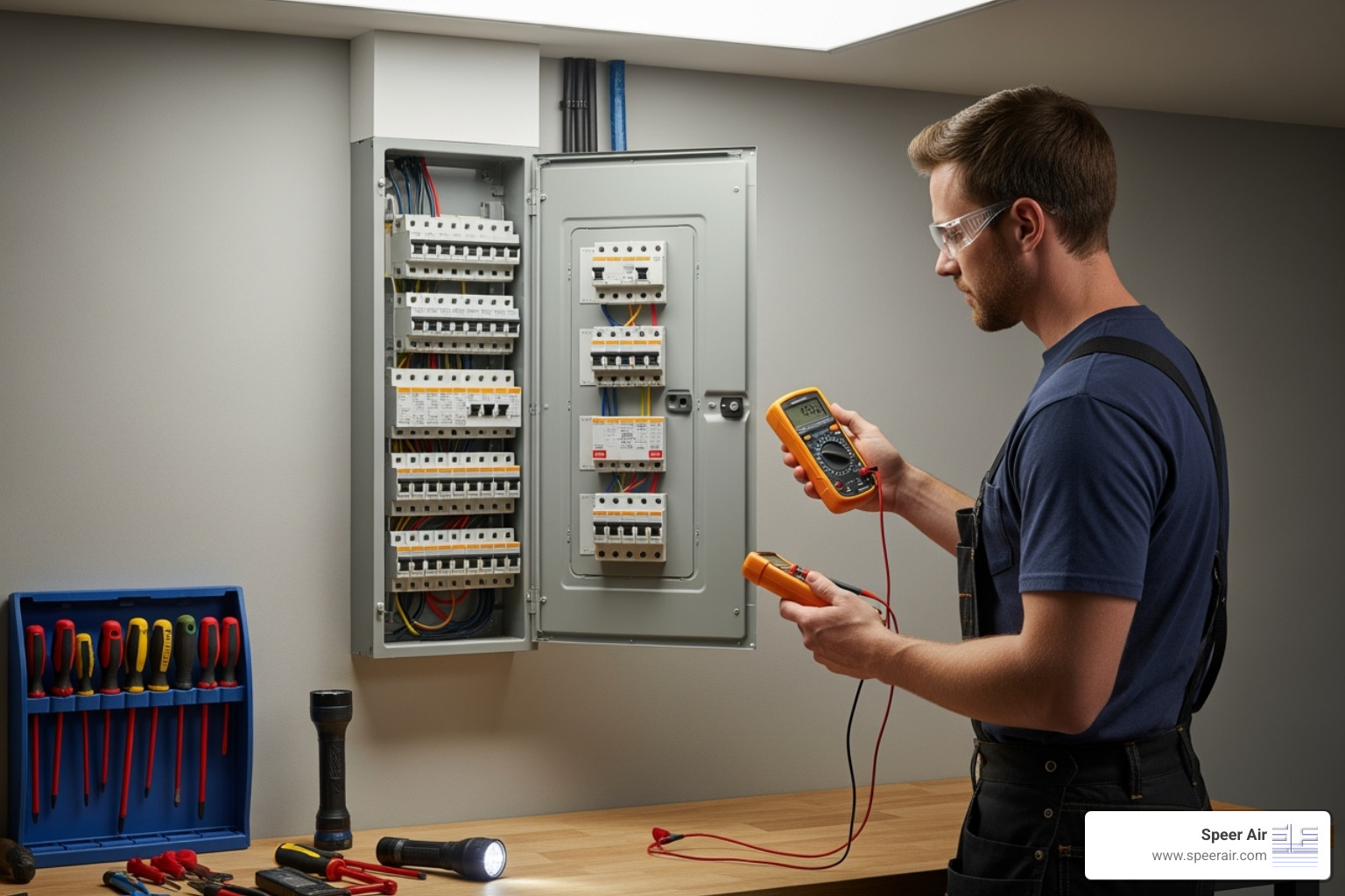 person safely checking a circuit breaker panel - emergency hvac repair rockaway nj