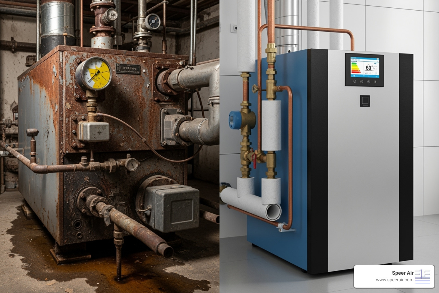 An image comparing an old, inefficient, corroded boiler on the left with a sleek, modern, high-efficiency boiler on the right - boiler repair northern nj An image comparing an old, inefficient, corroded boiler on the left with a sleek, modern, high-efficiency boiler on the right - boiler repair northern nj