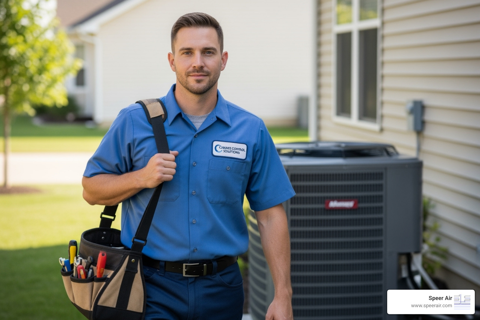 professional, uniformed HVAC technician with a toolbag - emergency hvac repair rockaway nj