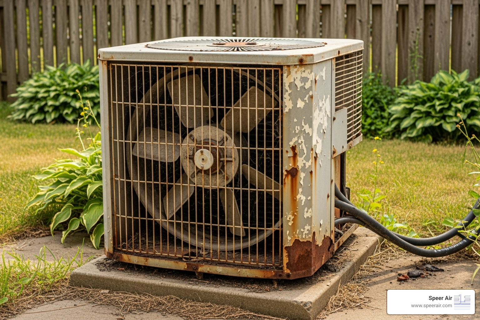 An old, inefficient outdoor AC unit with visible rust and wear - ac replacement rockaway An old, inefficient outdoor AC unit with visible rust and wear - ac replacement rockaway