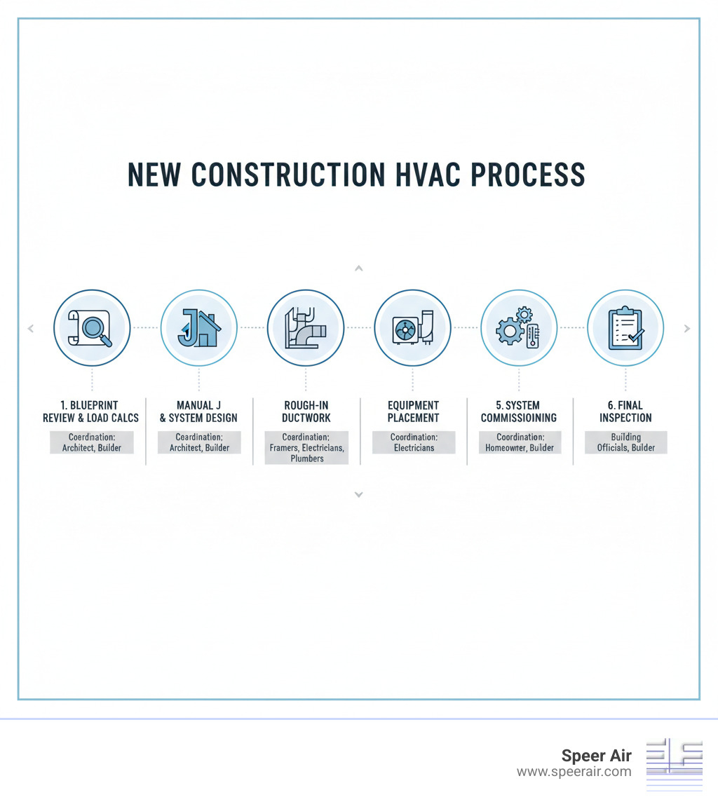 Infographic showing the complete new construction HVAC process from blueprint review and Manual J load calculations through rough-in ductwork installation, equipment placement, system commissioning, and final inspection with timeline and coordination points with other construction trades - new construction hvac contractor rockaway infographic Infographic showing the complete new construction HVAC process from blueprint review and Manual J load calculations through rough-in ductwork installation, equipment placement, system commissioning, and final inspection with timeline and coordination points with other construction trades - new construction hvac contractor rockaway infographic