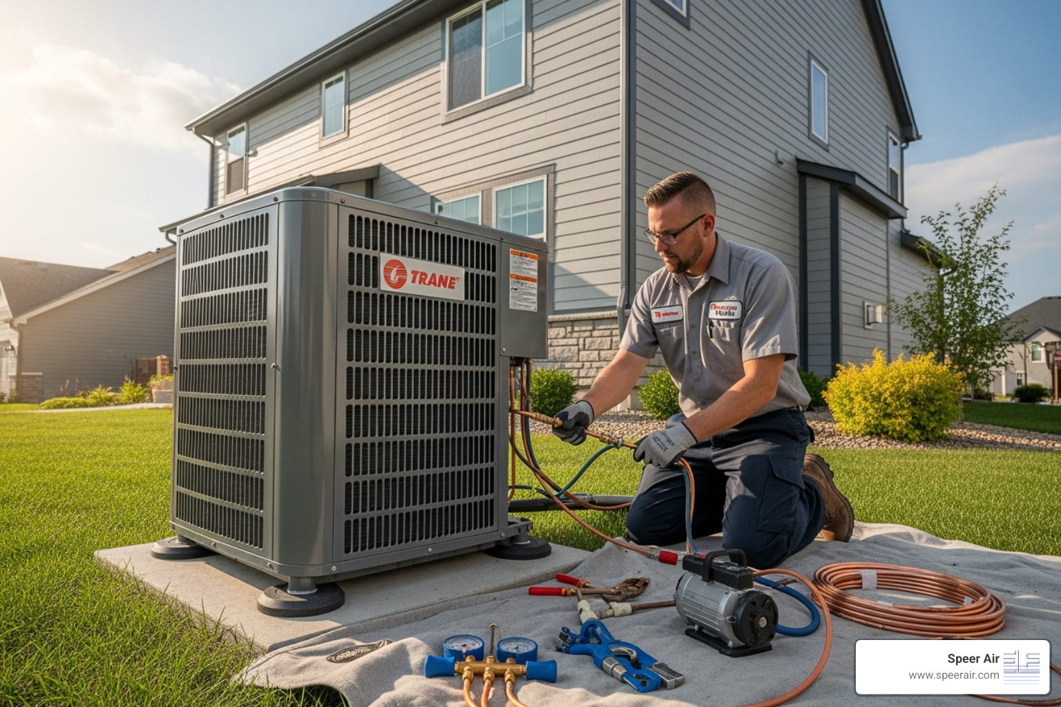 A certified HVAC technician professionally installing a new AC system outdoors - ac replacement rockaway A certified HVAC technician professionally installing a new AC system outdoors - ac replacement rockaway