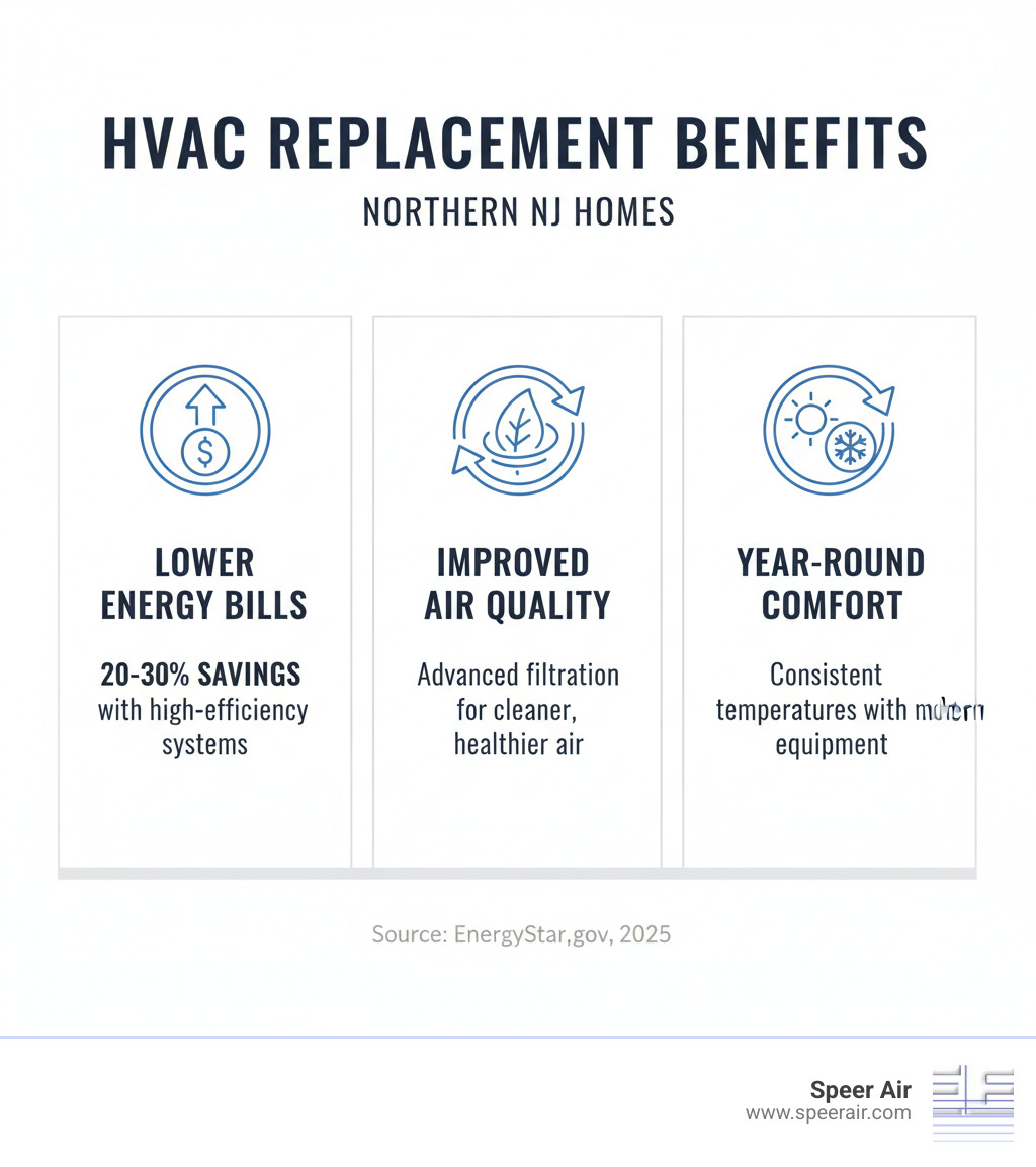 Complete HVAC replacement benefits infographic showing three main advantages: 20-30% lower energy bills with high-efficiency systems, improved indoor air quality through advanced filtration, and consistent year-round comfort with properly sized modern equipment - complete hvac replacement northern nj infographic Complete HVAC replacement benefits infographic showing three main advantages: 20-30% lower energy bills with high-efficiency systems, improved indoor air quality through advanced filtration, and consistent year-round comfort with properly sized modern equipment - complete hvac replacement northern nj infographic