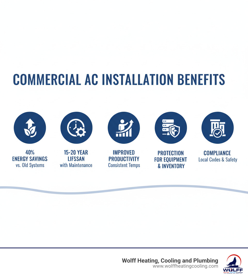 Infographic showing commercial AC installation benefits: 40% energy savings compared to old systems, 15-20 year lifespan with proper maintenance, improved employee productivity through consistent temperatures, protection of business equipment and inventory, compliance with local building codes and safety standards - commercial ac installation albuquerque infographic 