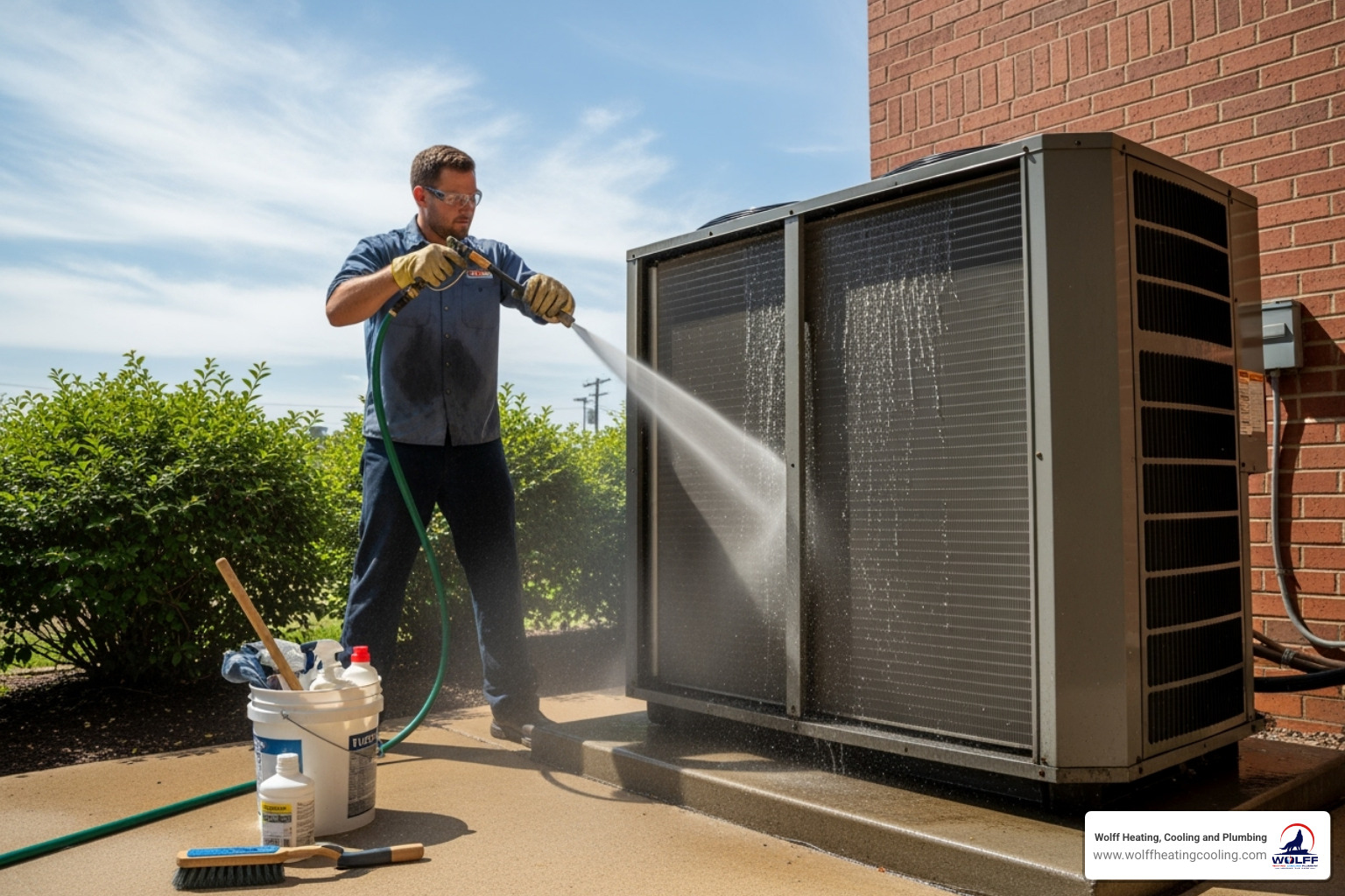 technician cleaning an outdoor commercial AC unit - commercial ac installation albuquerque
