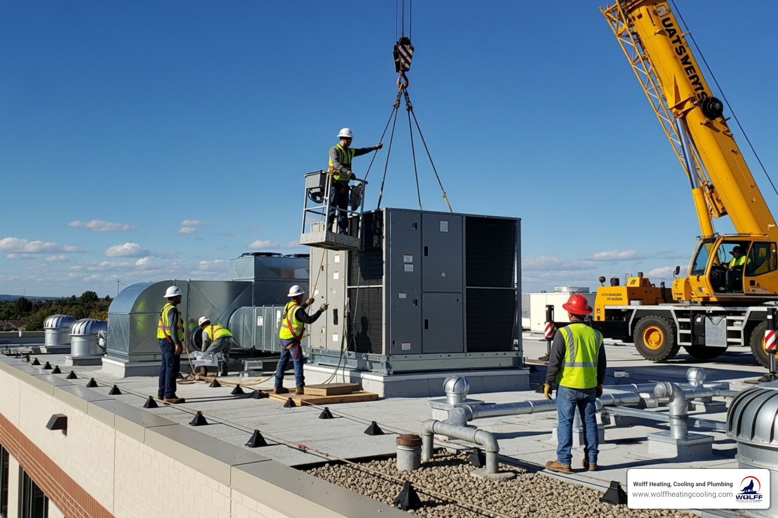 technicians safely installing a commercial rooftop unit - commercial ac installation albuquerque