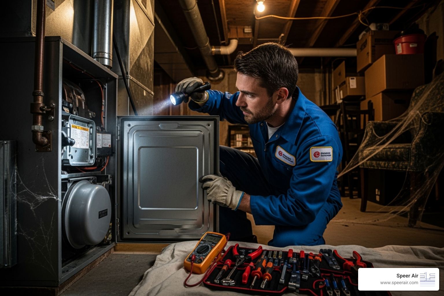 A technician performing maintenance on an indoor furnace unit - carrier authorized dealer northern nj A technician performing maintenance on an indoor furnace unit - carrier authorized dealer northern nj