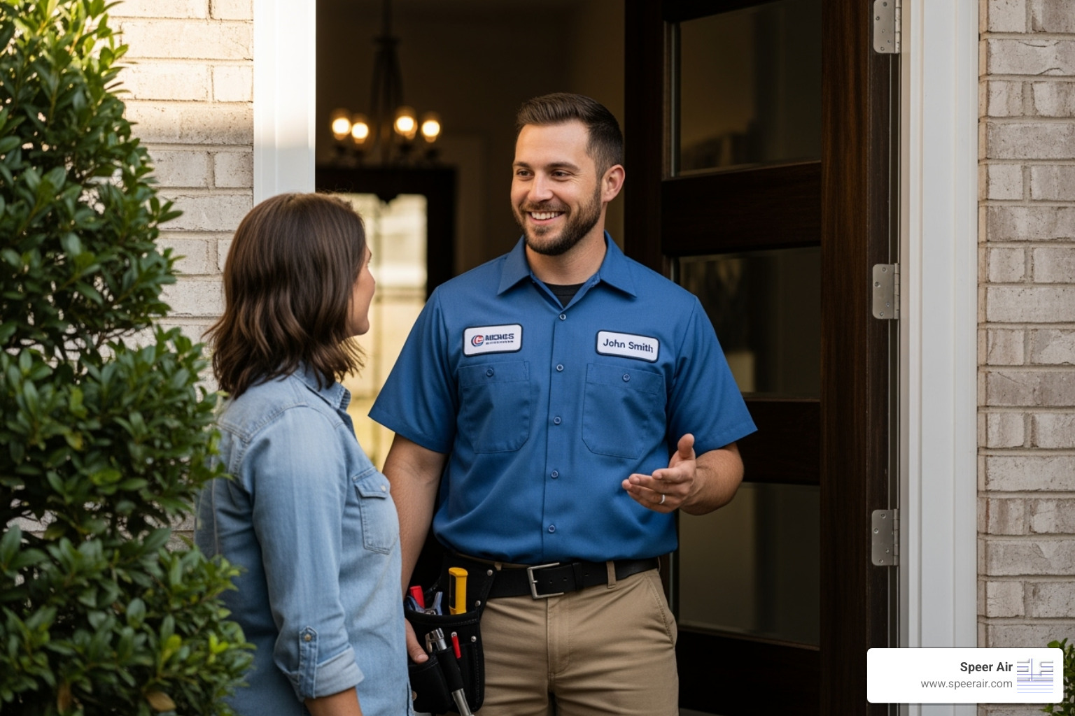 A friendly technician speaking with a homeowner at their front door - carrier authorized dealer northern nj A friendly technician speaking with a homeowner at their front door - carrier authorized dealer northern nj