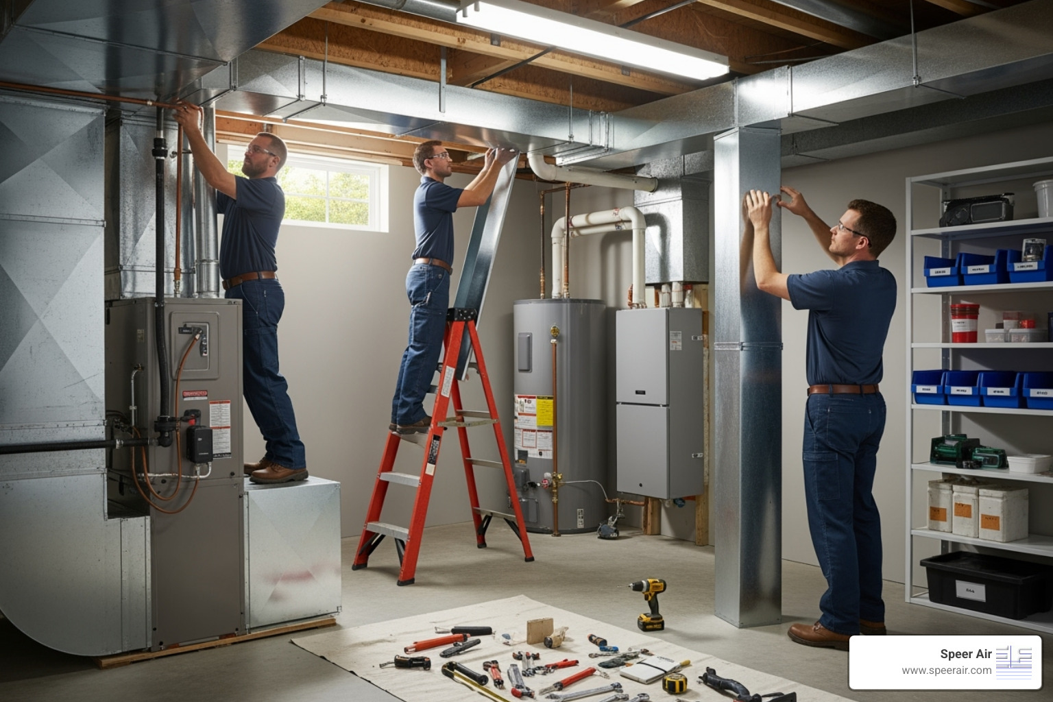 Clean and professional HVAC installation in progress in a basement or utility closet - complete hvac replacement northern nj Clean and professional HVAC installation in progress in a basement or utility closet - complete hvac replacement northern nj