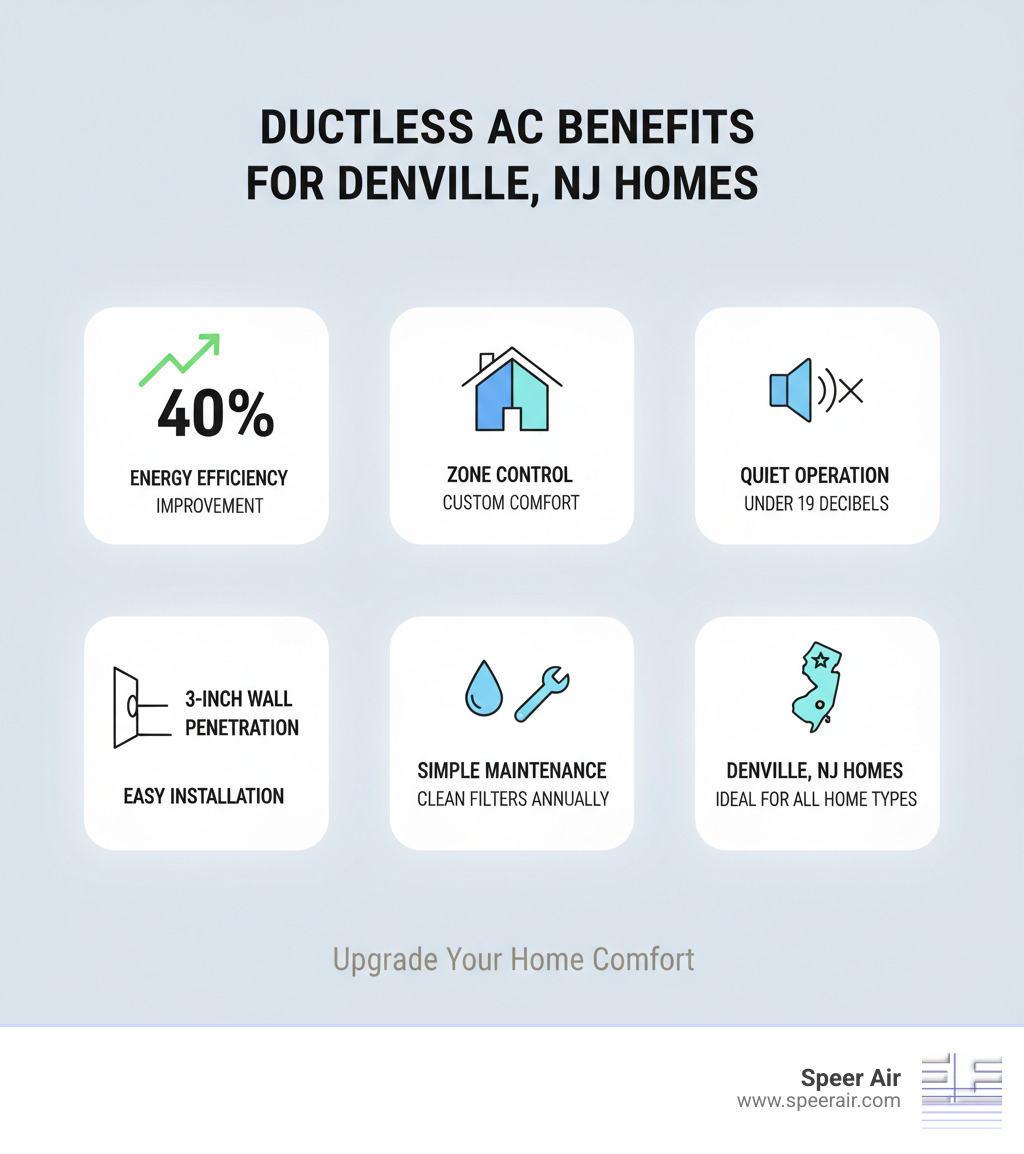 Comprehensive guide showing ductless AC benefits including 40% energy efficiency improvement, zone control capabilities, quiet operation under 19 decibels, installation process with 3-inch wall penetration, and maintenance requirements for Denville NJ homeowners - ductless ac system denville nj infographic Comprehensive guide showing ductless AC benefits including 40% energy efficiency improvement, zone control capabilities, quiet operation under 19 decibels, installation process with 3-inch wall penetration, and maintenance requirements for Denville NJ homeowners - ductless ac system denville nj infographic