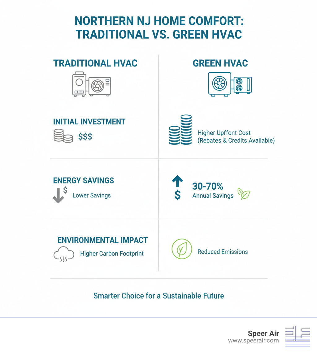 Infographic comparing the initial investment, energy savings, and environmental impact of traditional HVAC systems versus green HVAC solutions for a typical Northern New Jersey home. - green hvac solutions northern nj infographic Infographic comparing the initial investment, energy savings, and environmental impact of traditional HVAC systems versus green HVAC solutions for a typical Northern New Jersey home. - green hvac solutions northern nj infographic