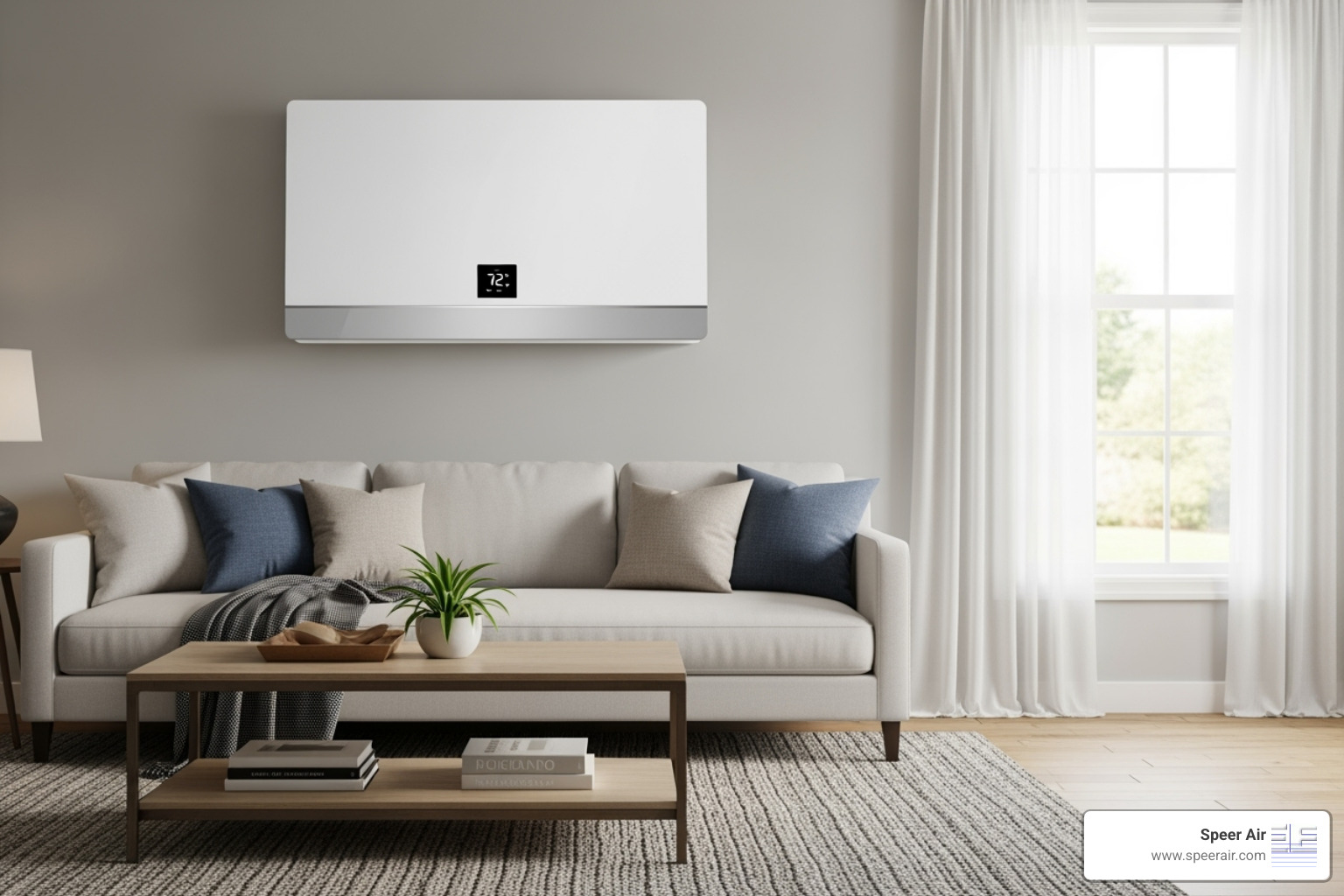 A modern, energy-efficient ductless mini-split indoor unit seamlessly integrated into a living room, providing quiet and targeted comfort. - green hvac solutions northern nj A modern, energy-efficient ductless mini-split indoor unit seamlessly integrated into a living room, providing quiet and targeted comfort. - green hvac solutions northern nj