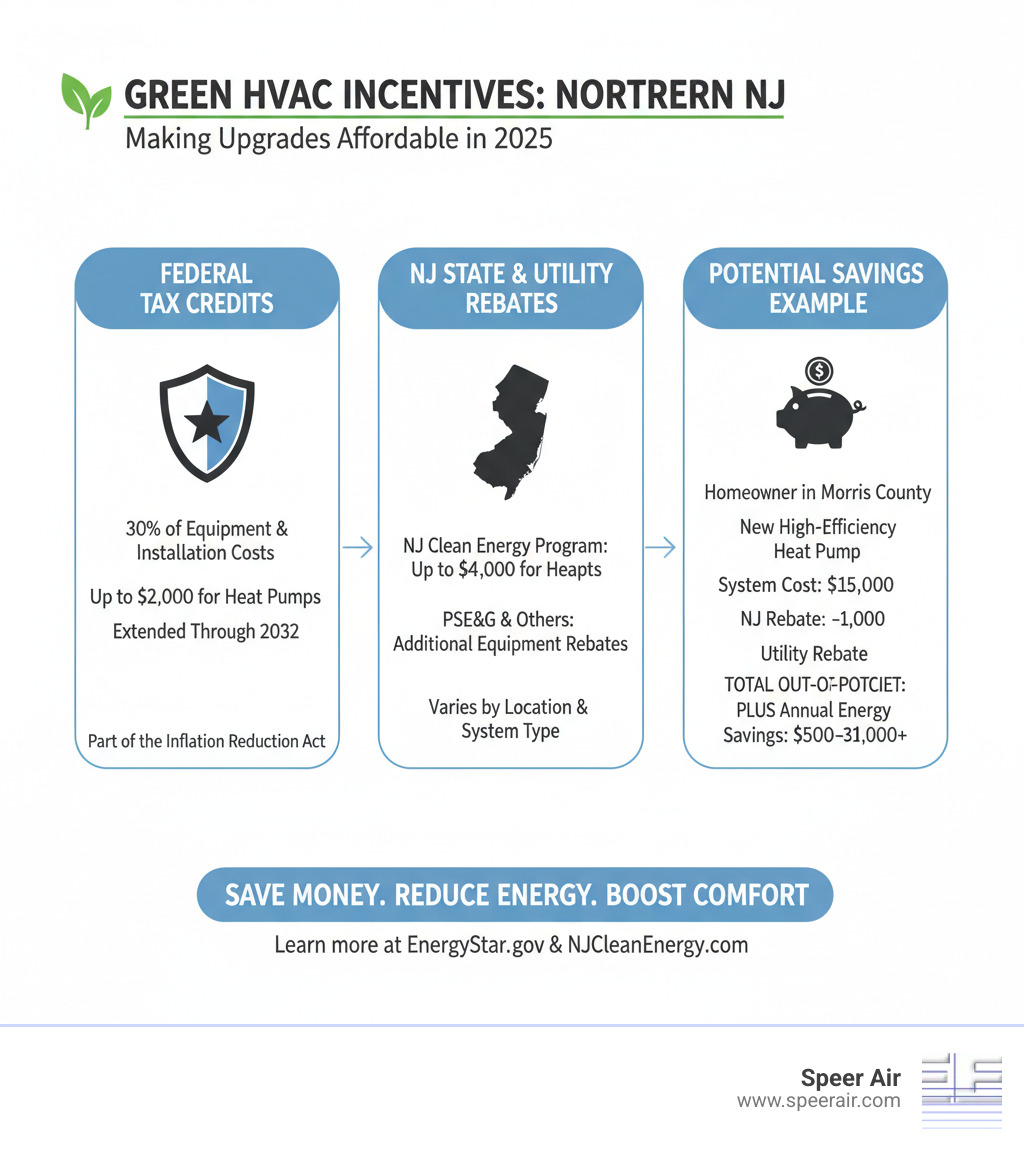 Infographic detailing various financial incentives for green HVAC systems, including federal tax credits, state rebates, and utility programs, with examples of potential savings for Northern New Jersey residents. - green hvac solutions northern nj infographic Infographic detailing various financial incentives for green HVAC systems, including federal tax credits, state rebates, and utility programs, with examples of potential savings for Northern New Jersey residents. - green hvac solutions northern nj infographic