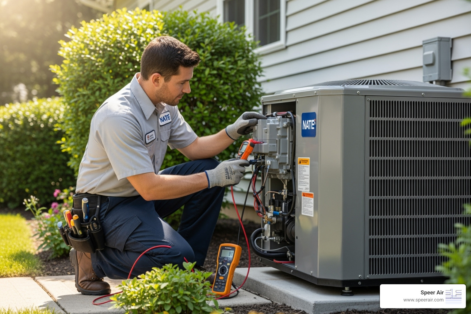A NATE-certified Speer Air technician carefully inspecting an outdoor heat pump unit, demonstrating professionalism and expertise. - green hvac solutions northern nj A NATE-certified Speer Air technician carefully inspecting an outdoor heat pump unit, demonstrating professionalism and expertise. - green hvac solutions northern nj