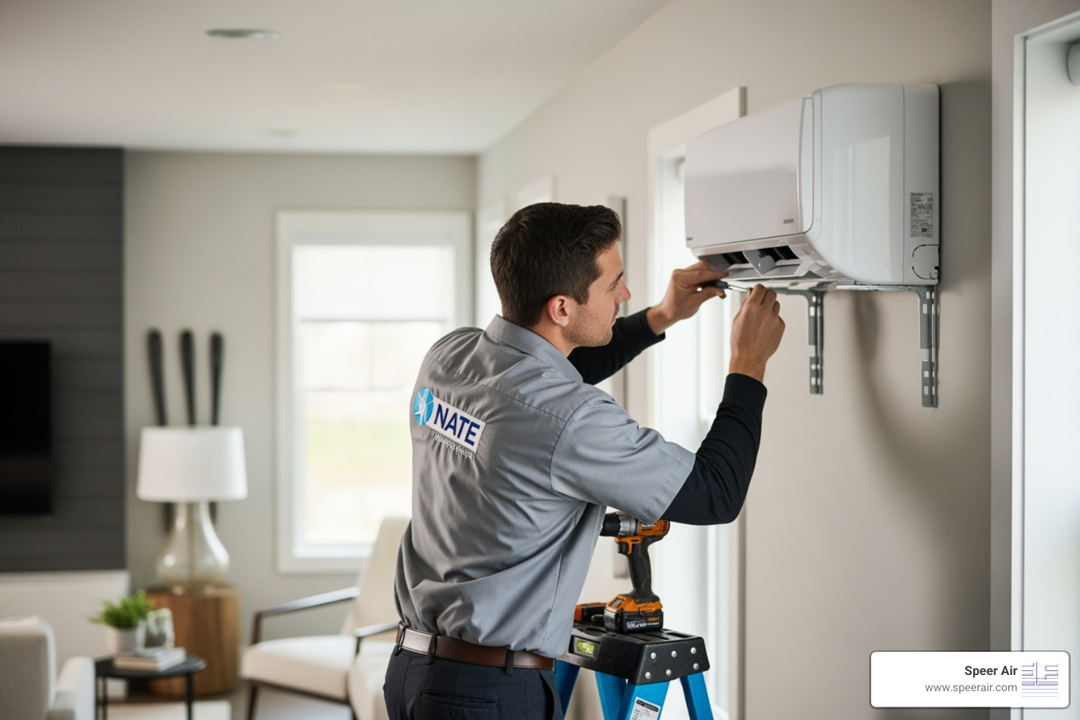 NATE-certified technician installing ductless unit - ductless ac system denville nj NATE-certified technician installing ductless unit - ductless ac system denville nj