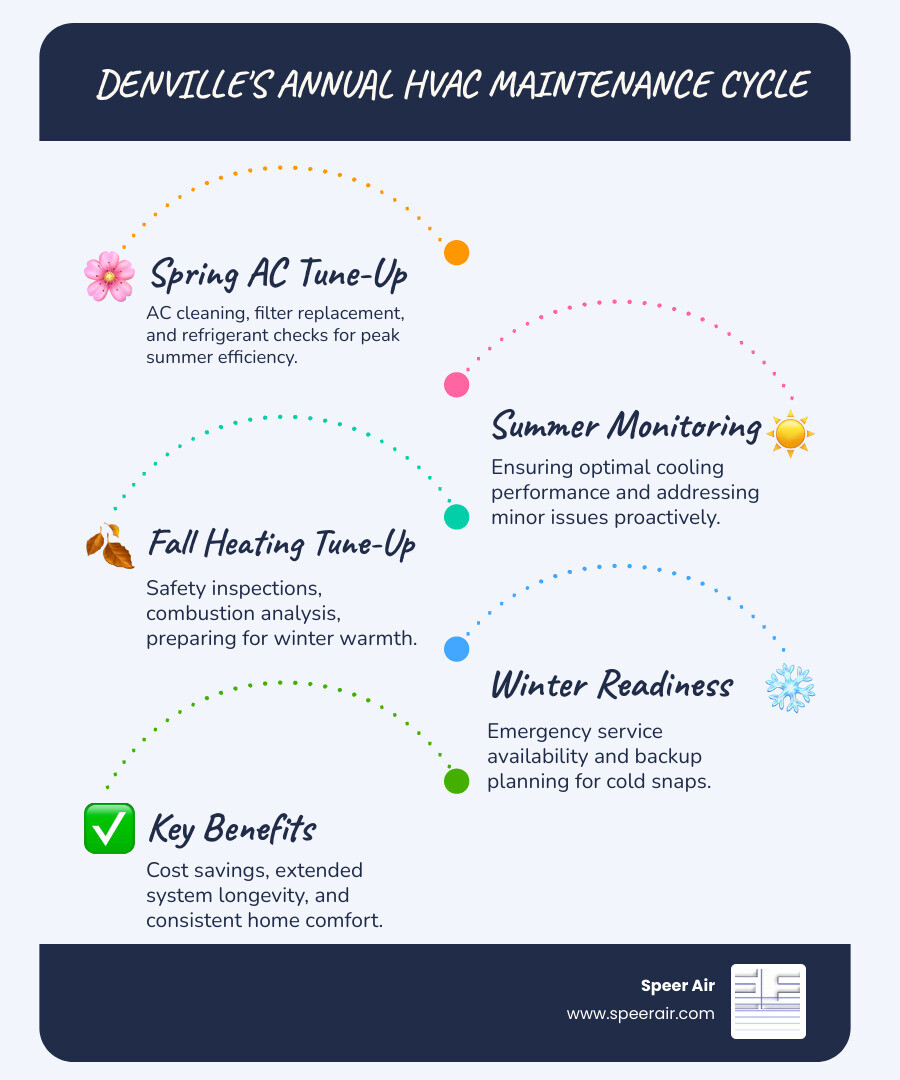 Comprehensive infographic showing the annual HVAC maintenance cycle for Denville homes: Spring preparation with AC system cleaning, filter replacement, and refrigerant checks; Summer monitoring for optimal cooling performance; Fall heating system tune-up with safety inspections and combustion analysis; Winter backup planning and emergency service availability, with cost savings and system longevity benefits highlighted - hvac maintenance program denville infographic infographic-line-5-steps-blues-accent_colors Comprehensive infographic showing the annual HVAC maintenance cycle for Denville homes: Spring preparation with AC system cleaning, filter replacement, and refrigerant checks; Summer monitoring for optimal cooling performance; Fall heating system tune-up with safety inspections and combustion analysis; Winter backup planning and emergency service availability, with cost savings and system longevity benefits highlighted - hvac maintenance program denville infographic infographic-line-5-steps-blues-accent_colors